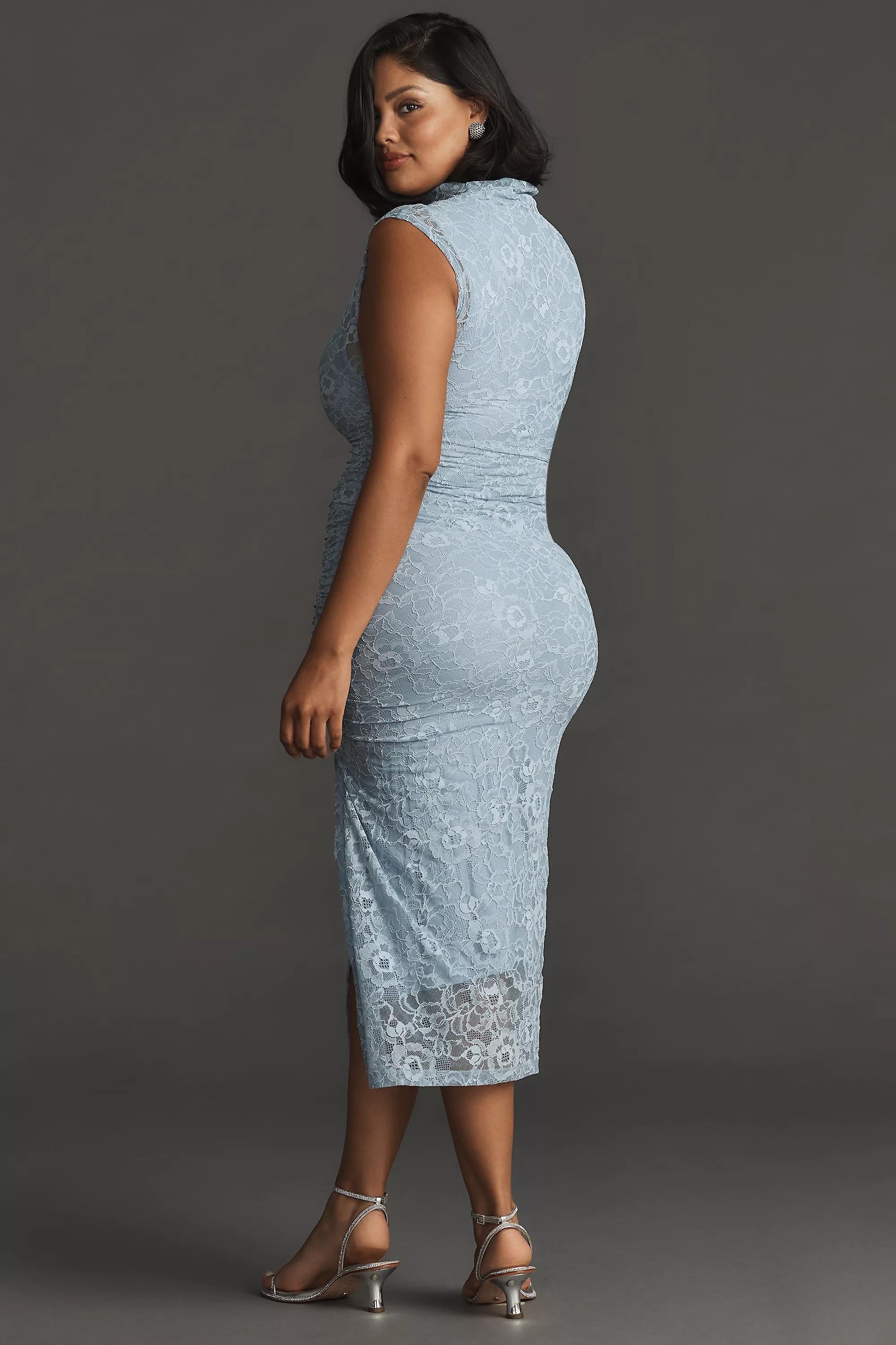 The Maya Ruched Cowl-Neck Dress: Lace Edition, Blue, , large image number 6