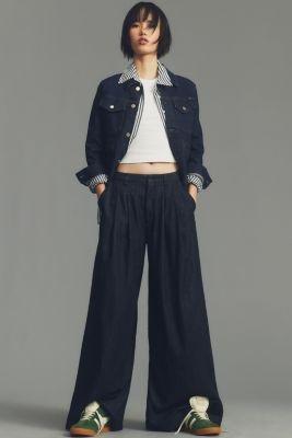 Maeve Pleated Wide-Leg Denim Trousers, Navy, , large image number 0