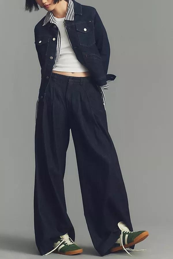 Maeve Pleated Wide-Leg Denim Trousers, Navy, , large image number 1