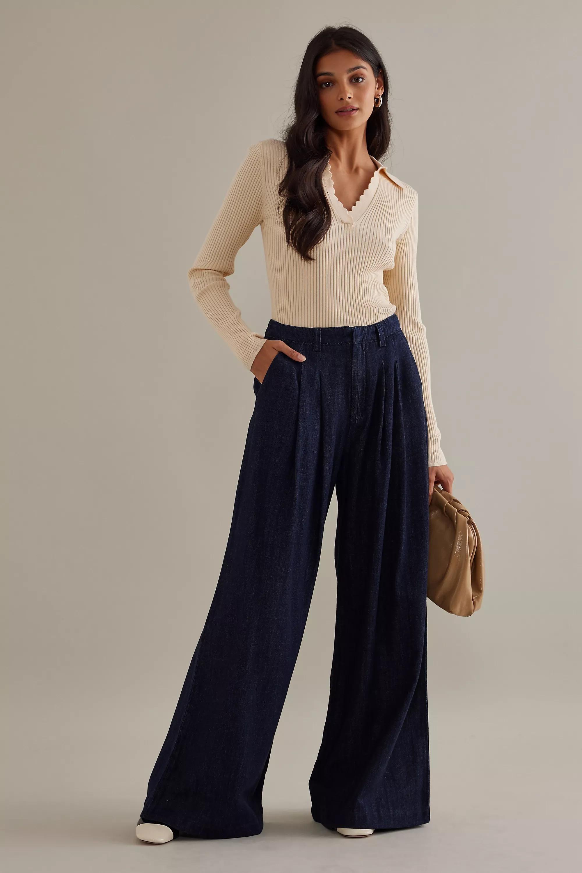 Maeve Pleated Wide-Leg Denim Trousers, Navy, , large image number 2