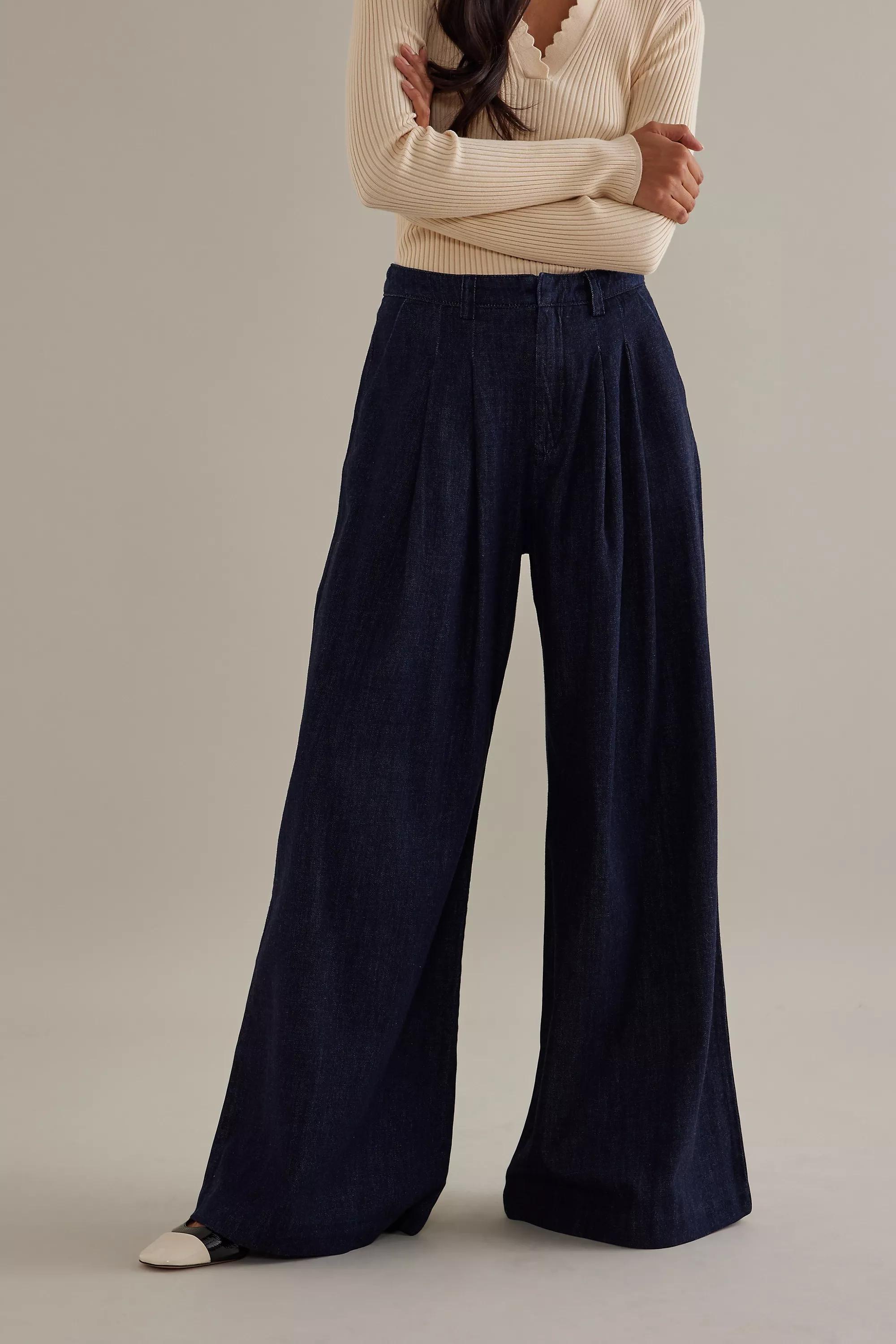 Maeve Pleated Wide-Leg Denim Trousers, Navy, , large image number 5