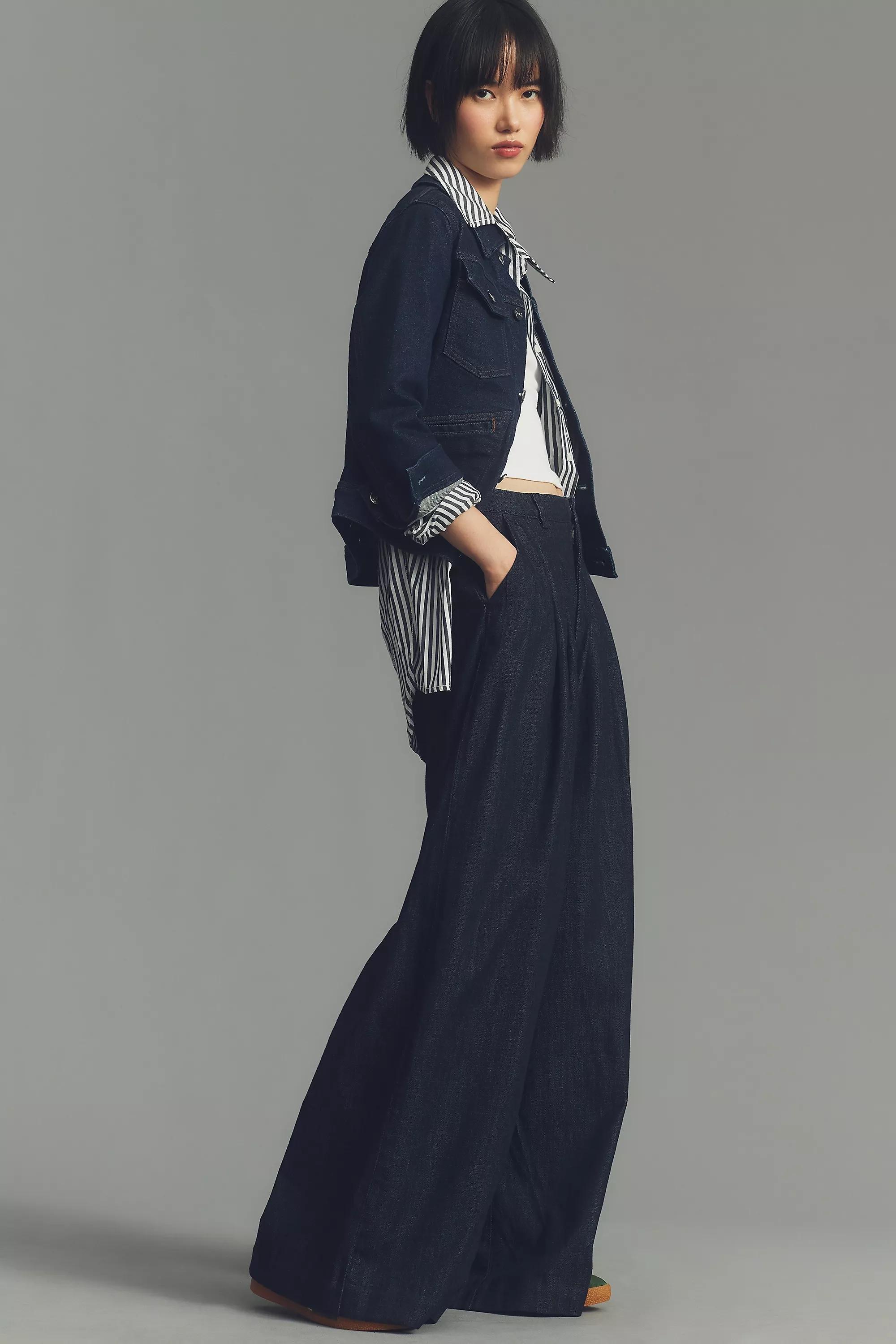 Maeve Pleated Wide-Leg Denim Trousers, Navy, , large image number 6
