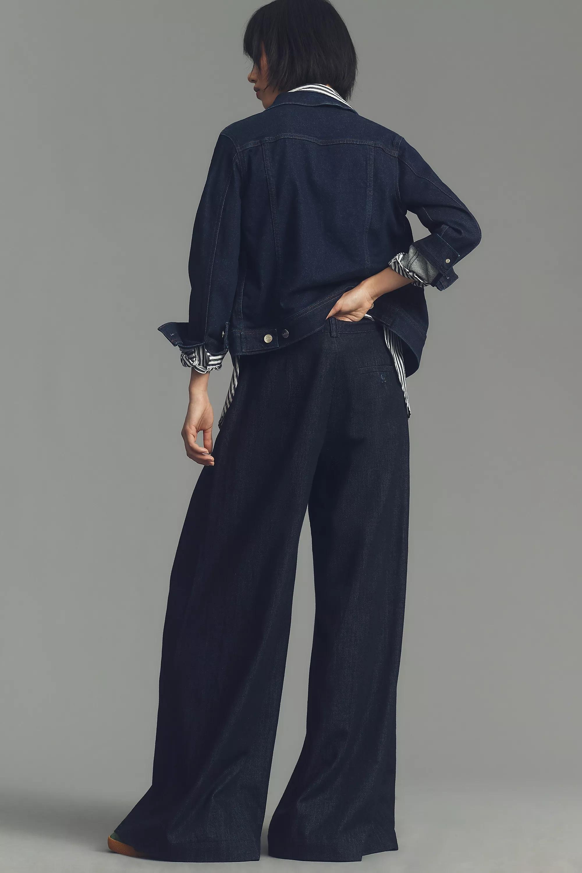 Maeve Pleated Wide-Leg Denim Trousers, Navy, , large image number 7