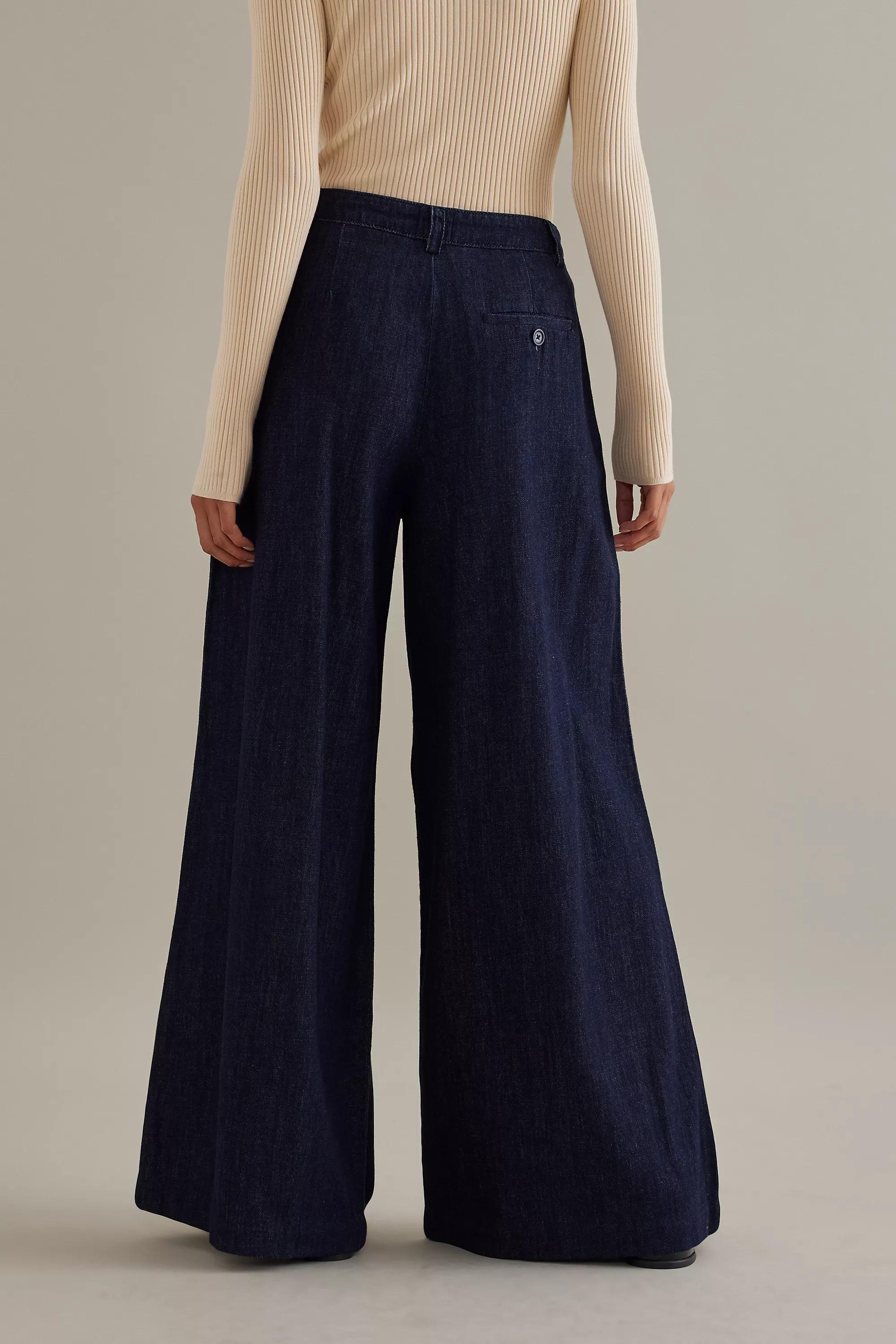 Maeve Pleated Wide-Leg Denim Trousers, Navy, , large image number 8