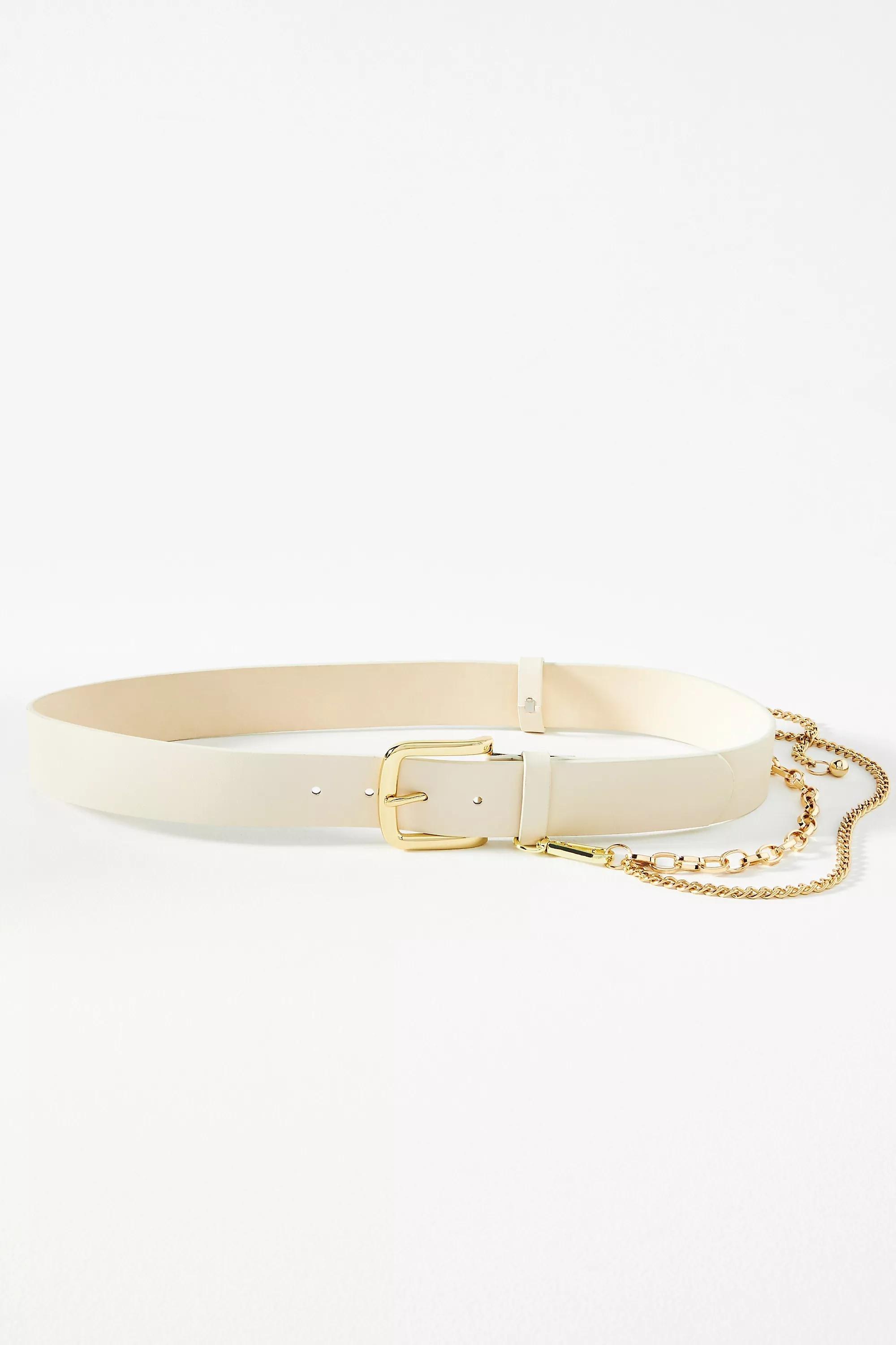 Square Buckle Chain Leather Belt, Cream, , medium