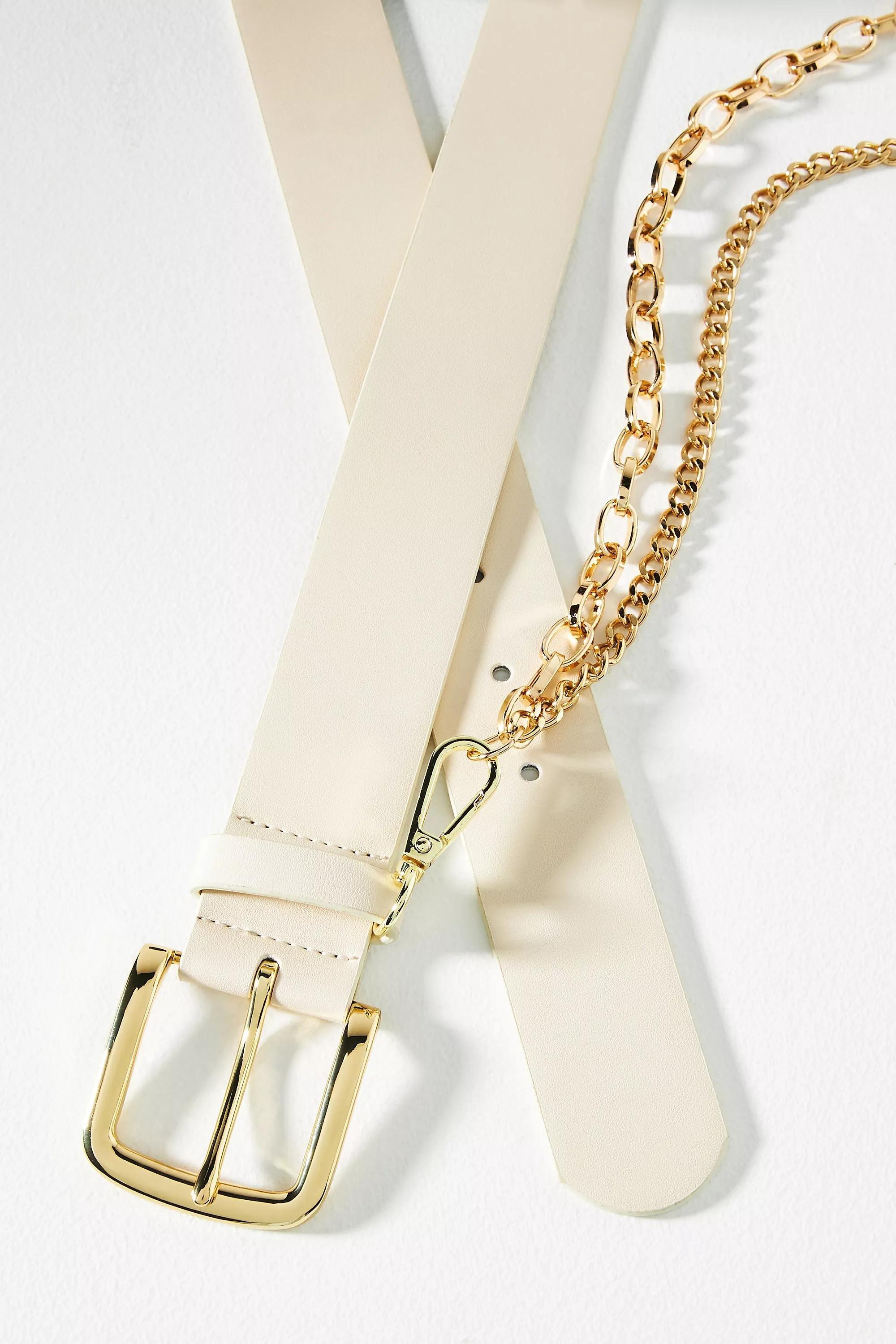 Square Buckle Chain Leather Belt, Cream, , large image number 1