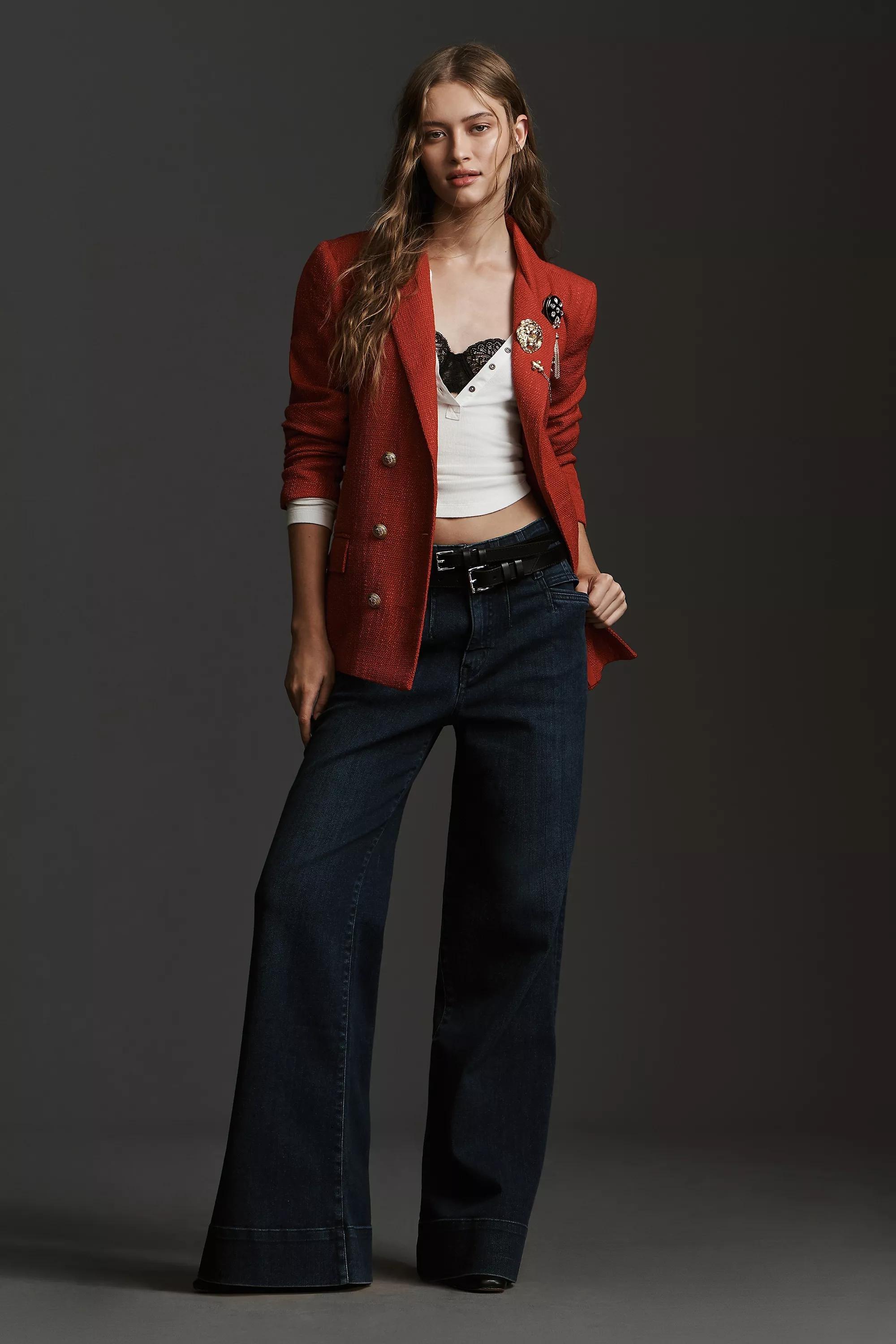 Maeve Denim Corseted High-Rise Wide-Leg Jeans, Blue, , large image number 1