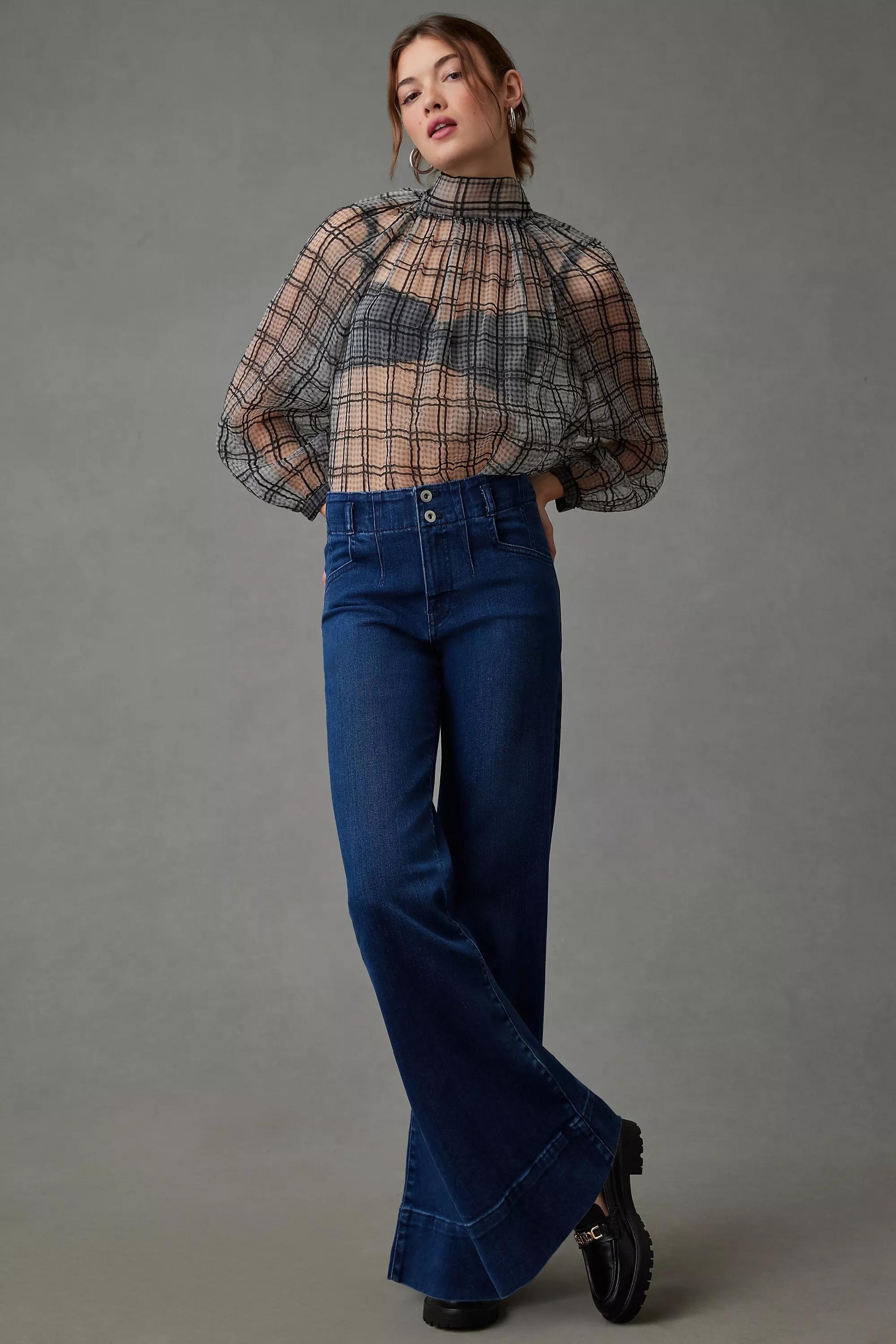 Maeve Denim Corseted High-Rise Wide-Leg Jeans, Blue, , large image number 2