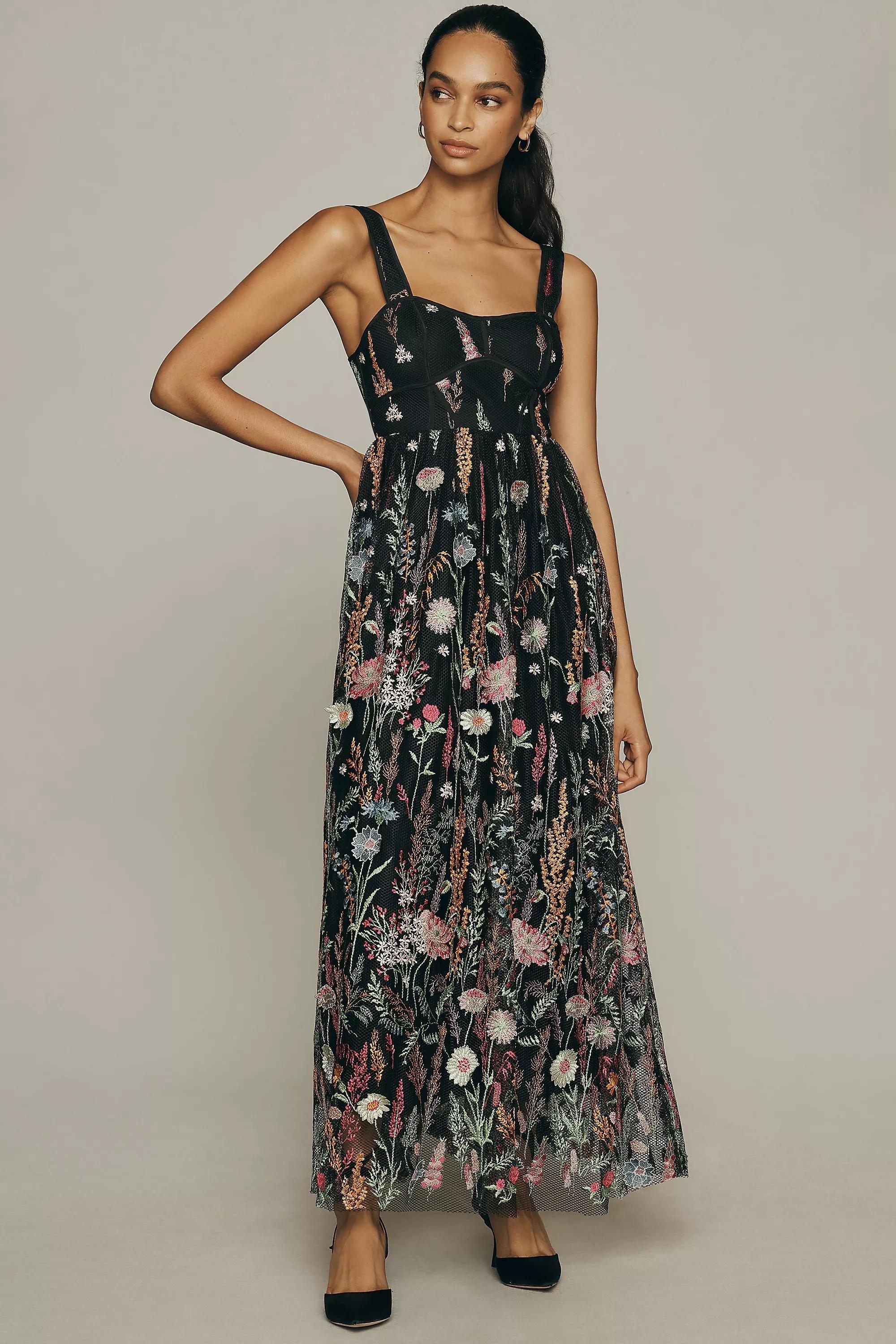Sheer Floral Embroidered Mesh Maxi Dress, Black, , large image number 0