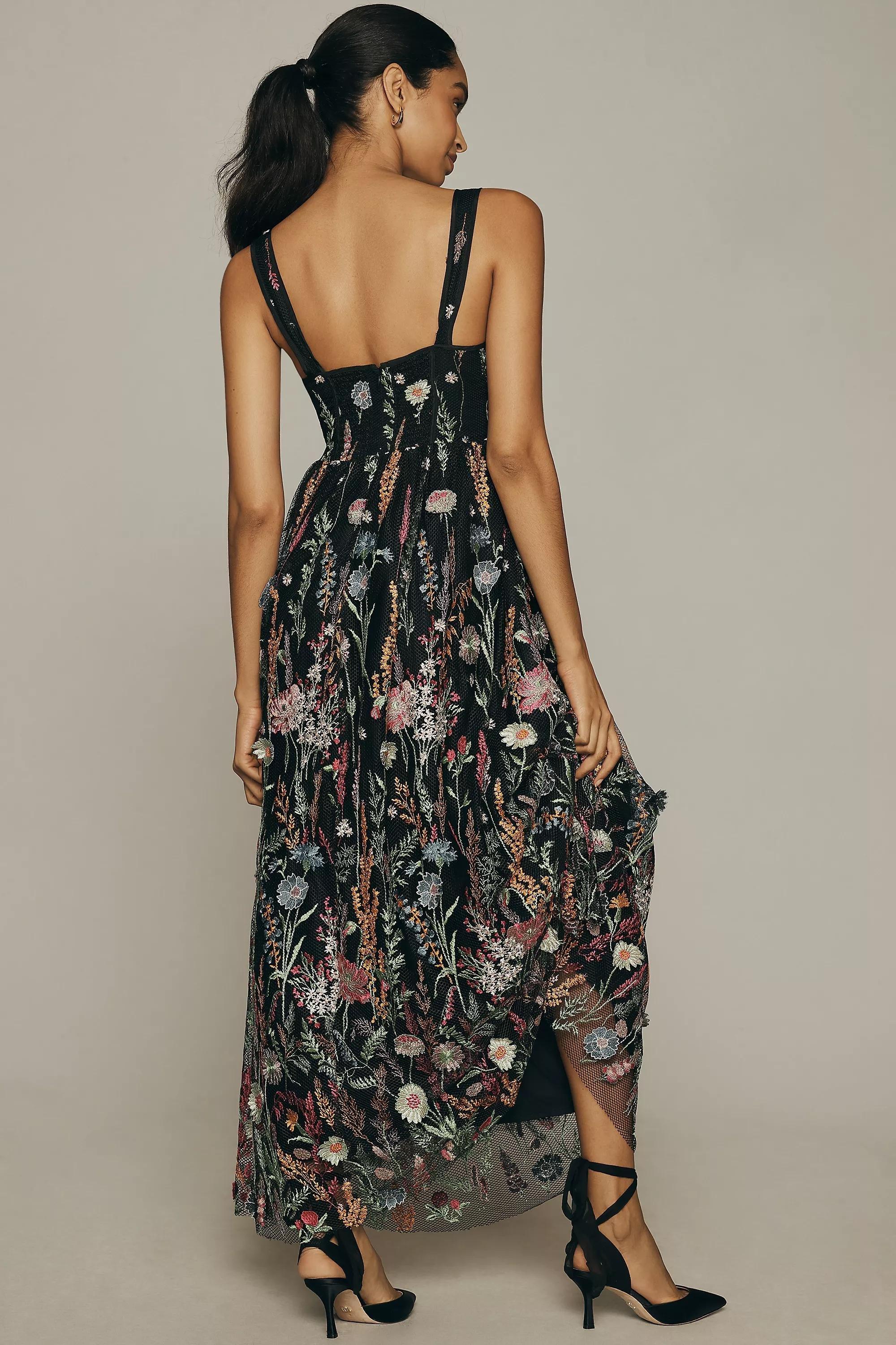 Sheer Floral Embroidered Mesh Maxi Dress, Black, , large image number 2