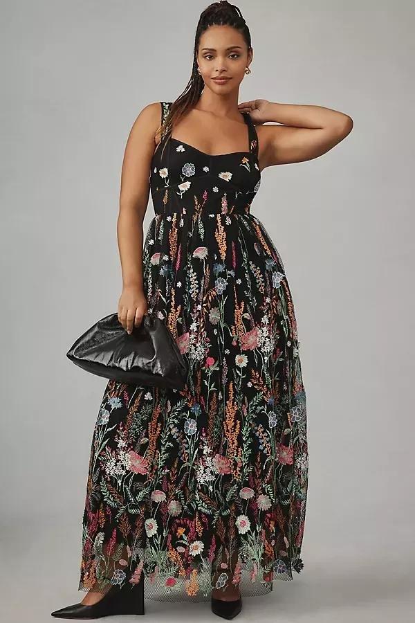 Sheer Floral Embroidered Mesh Maxi Dress, Black, , large image number 3