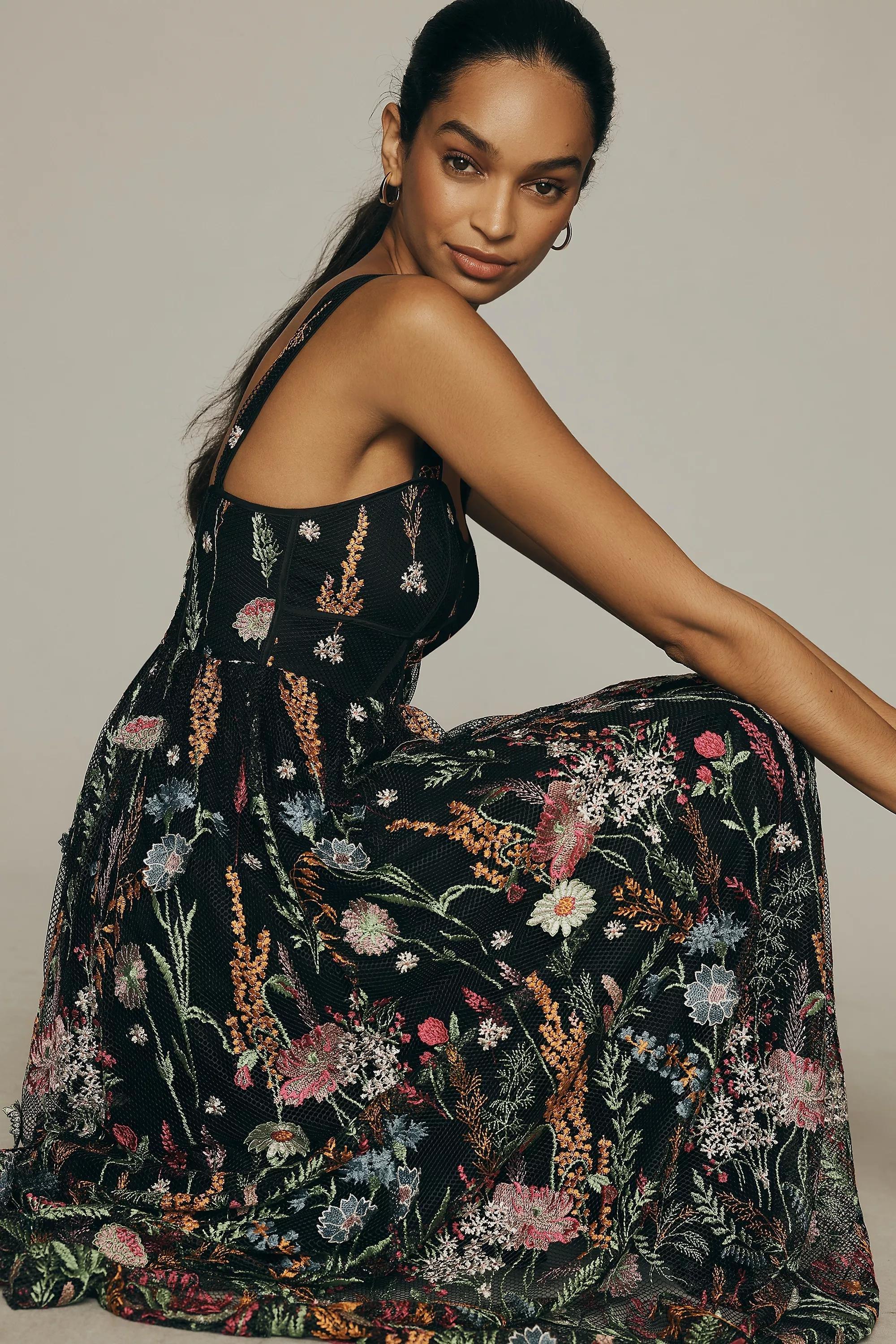 Sheer Floral Embroidered Mesh Maxi Dress, Black, , large image number 4