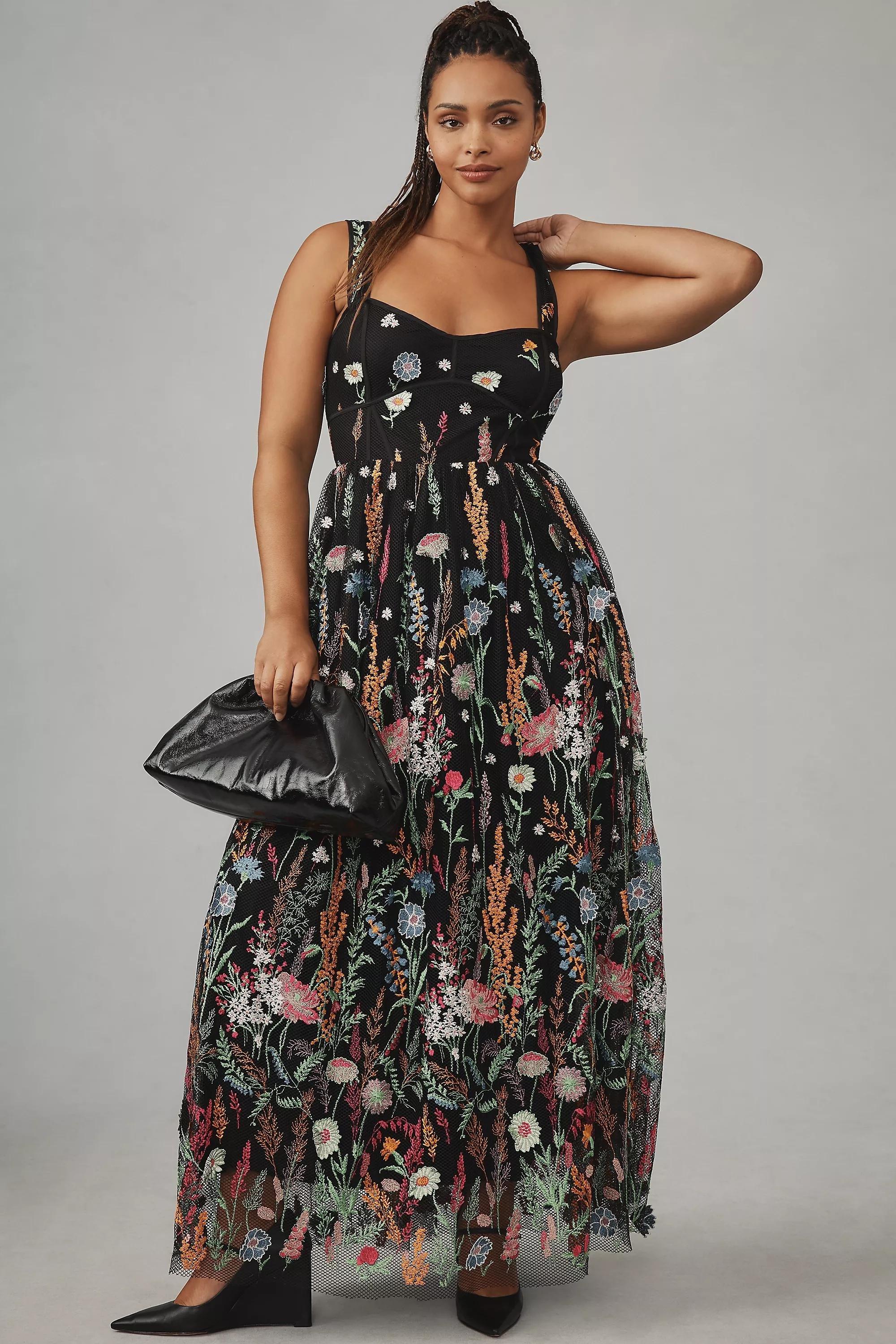 Sheer Floral Embroidered Mesh Maxi Dress, Black, , large image number 6