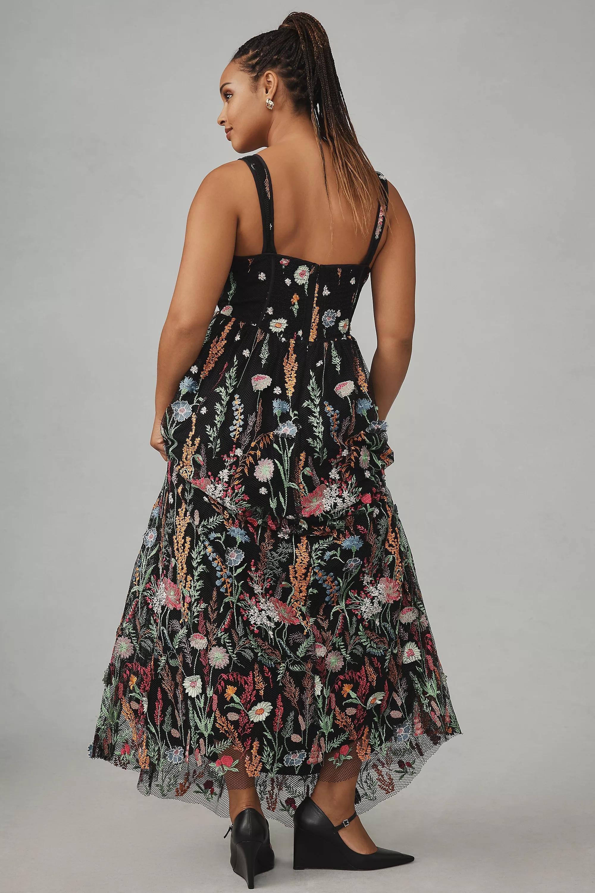 Sheer Floral Embroidered Mesh Maxi Dress, Black, , large image number 8