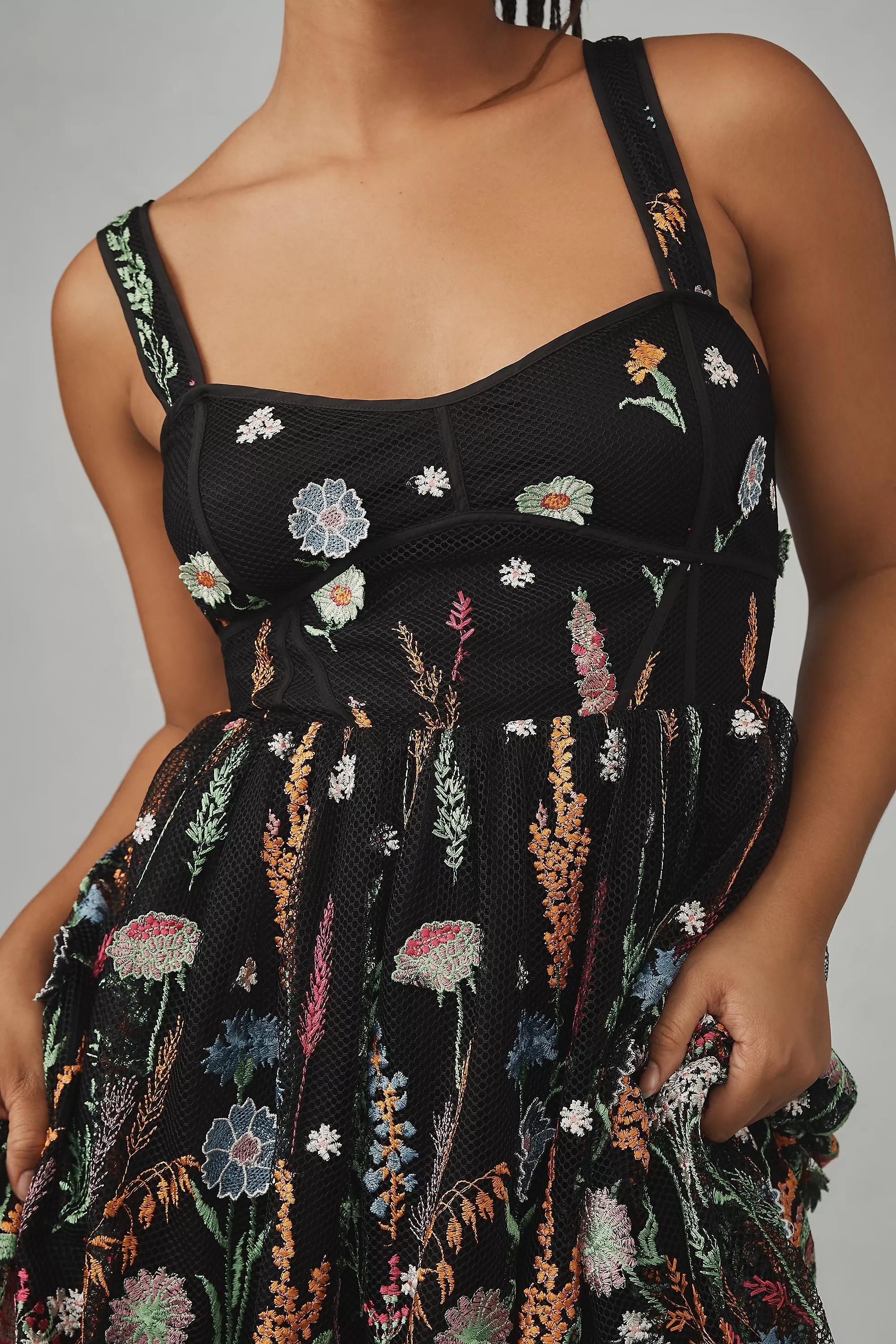 Sheer Floral Embroidered Mesh Maxi Dress, Black, , large image number 10
