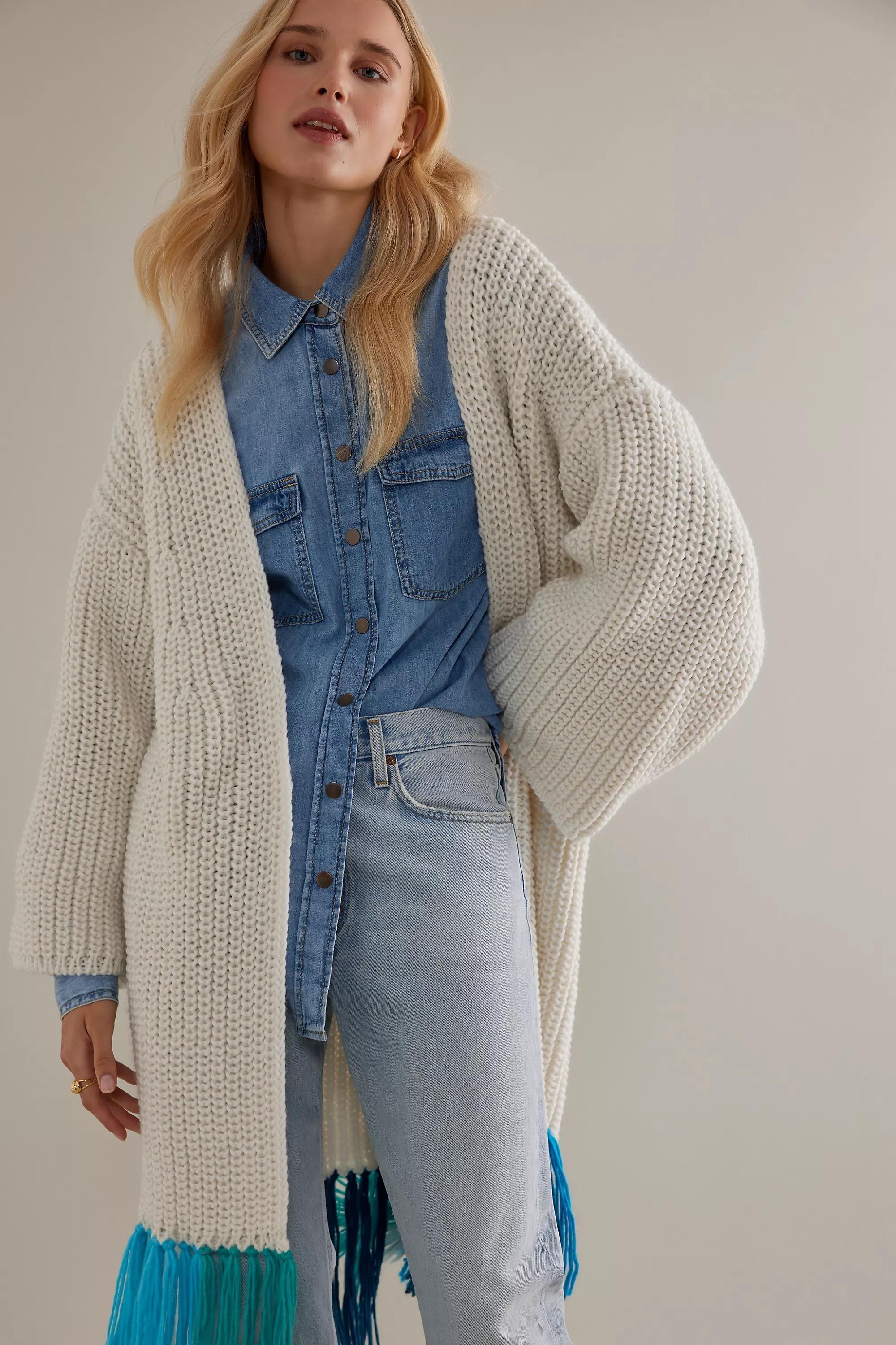 Multicolour Fringe Duster Kimono Cardigan, White, , large image number 0