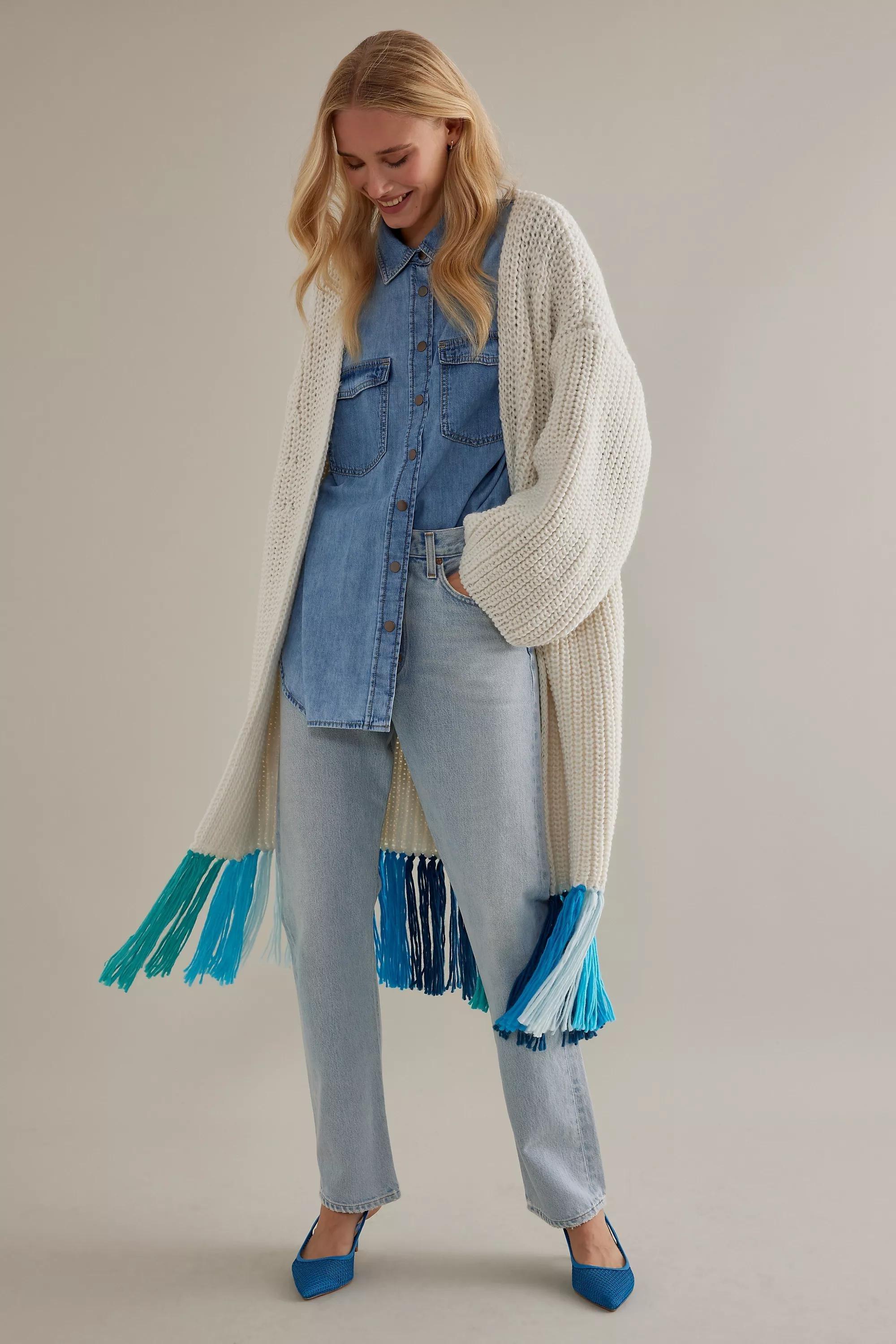 Multicolour Fringe Duster Kimono Cardigan, White, , large image number 1
