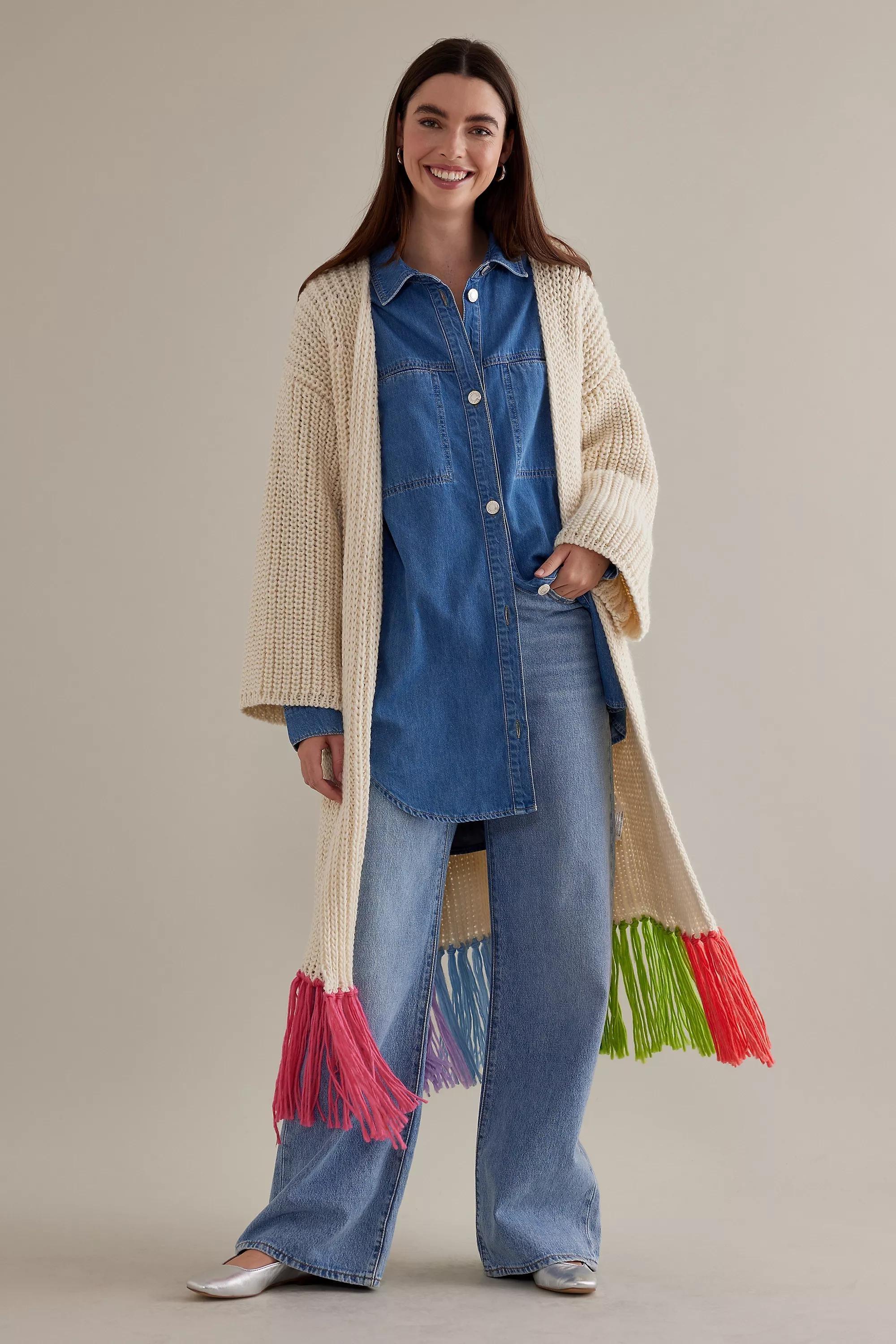 Multicolour Fringe Duster Kimono Cardigan, Ivory, , large image number 1