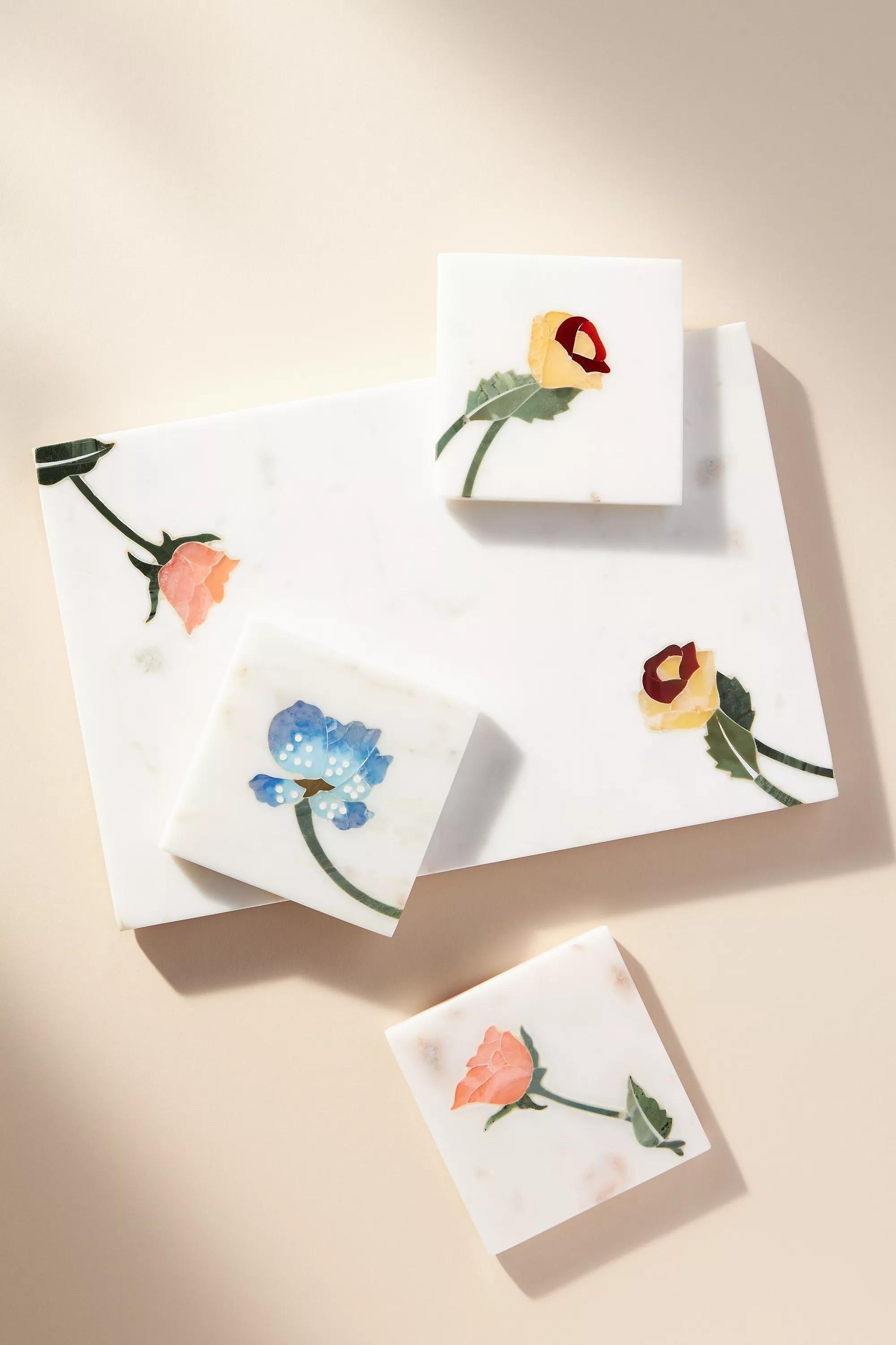 Betsey Floral Stone Square Coaster, Blue, A501_0040, large image number 1