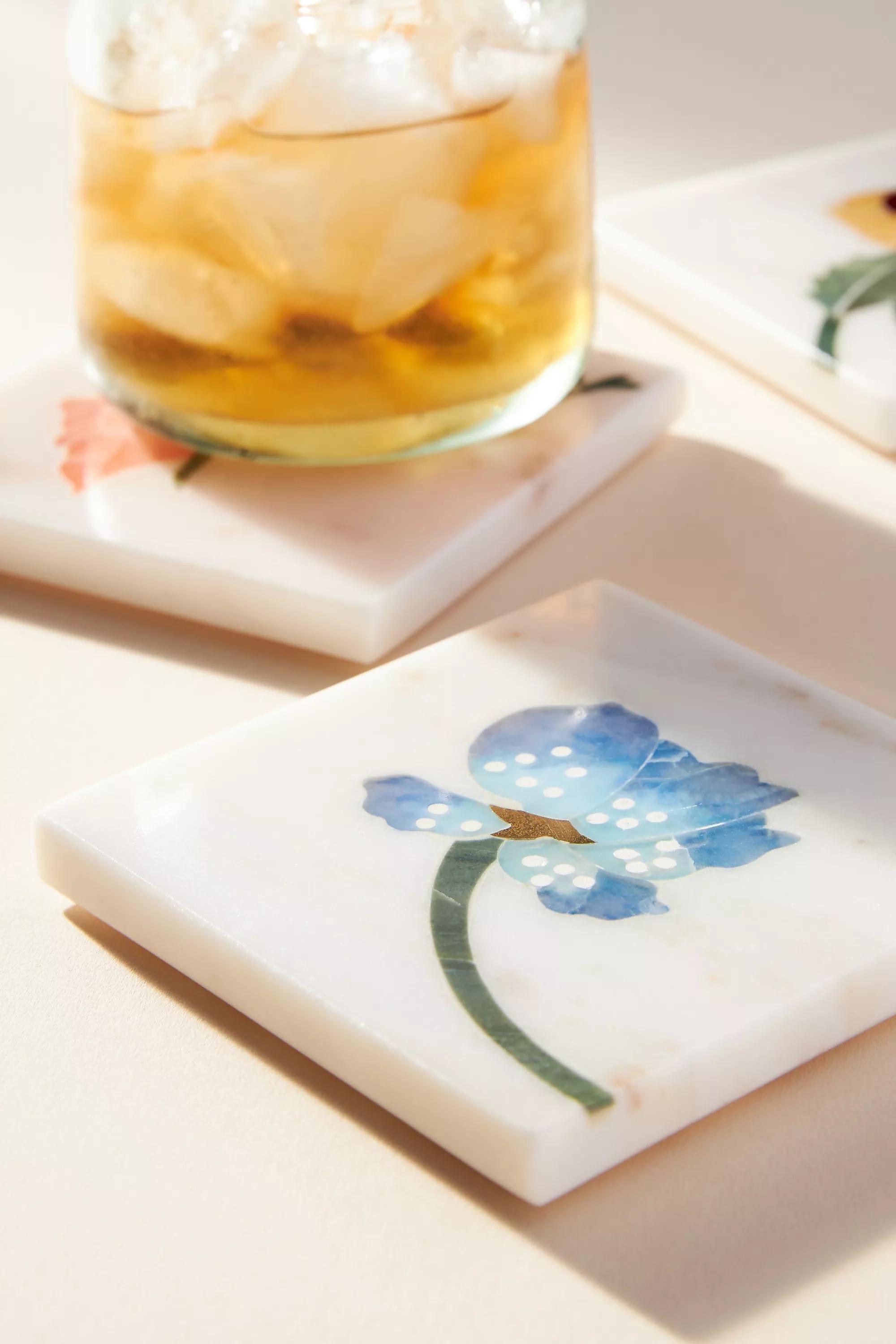 Betsey Floral Stone Square Coaster, Blue, A501_0040, large image number 2