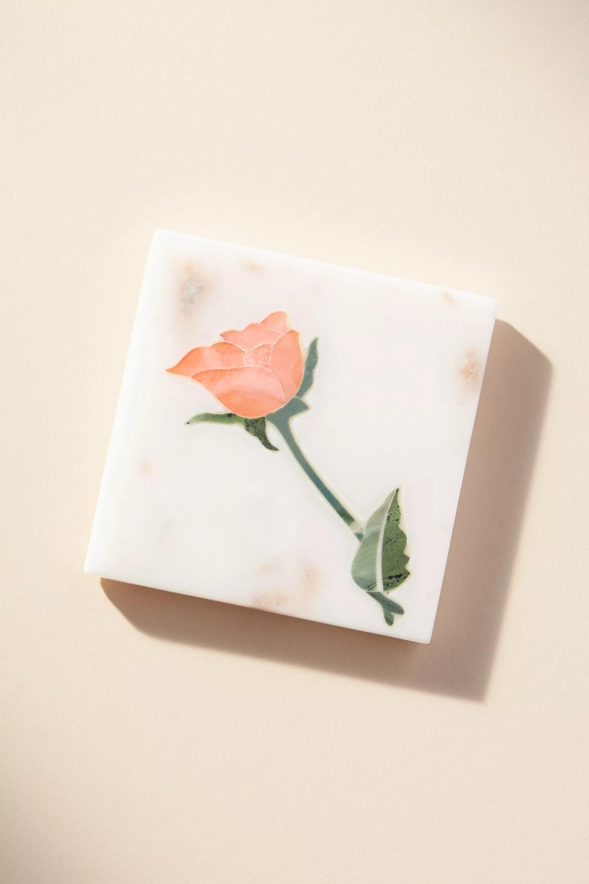 Betsey Floral Stone Square Coaster, Red, , medium