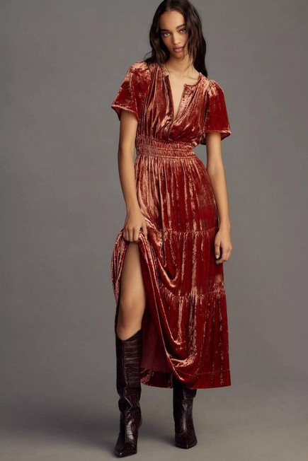 Anthropologie - The Somerset Maxi Dress: Velvet Edition, Pink