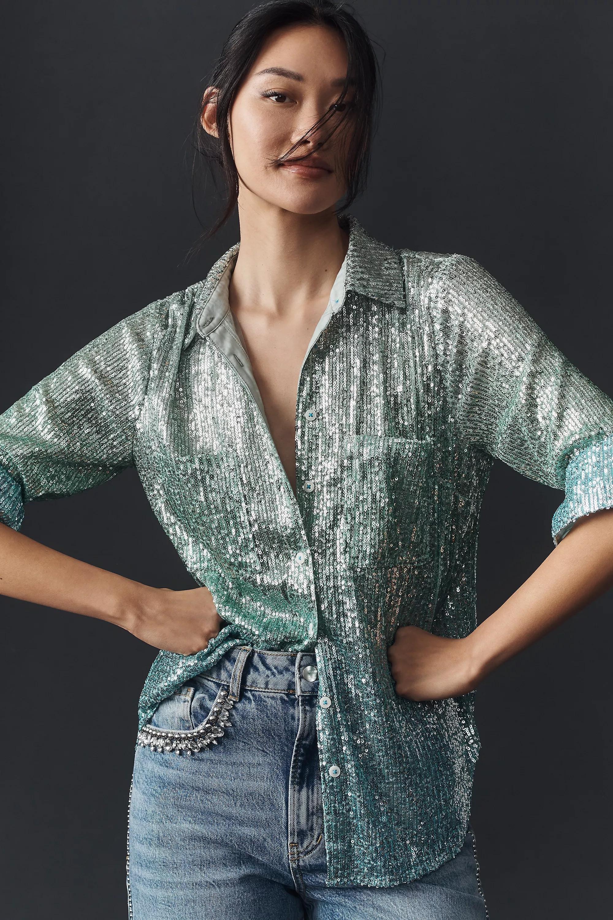 Anthropologie Textured Button Down Party, Green, , large image number 1