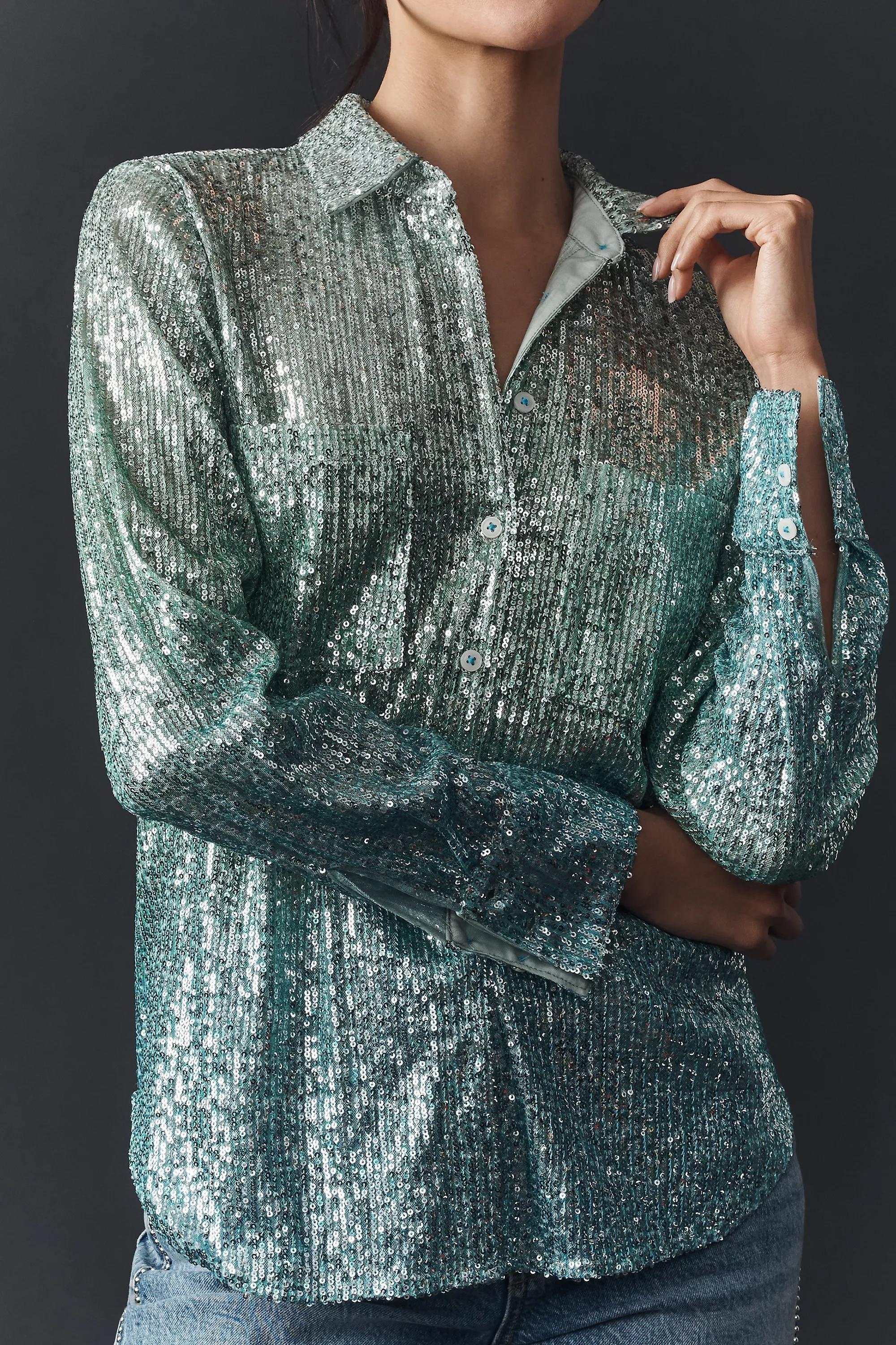 Anthropologie Textured Button Down Party, Green, , large image number 6