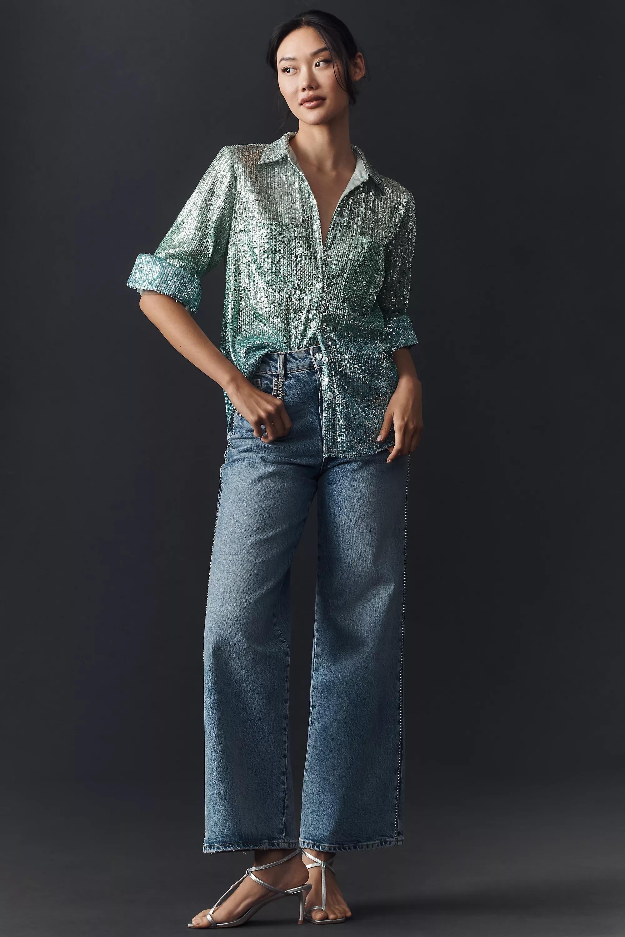 Anthropologie Textured Button Down Party, Green, , large image number 7