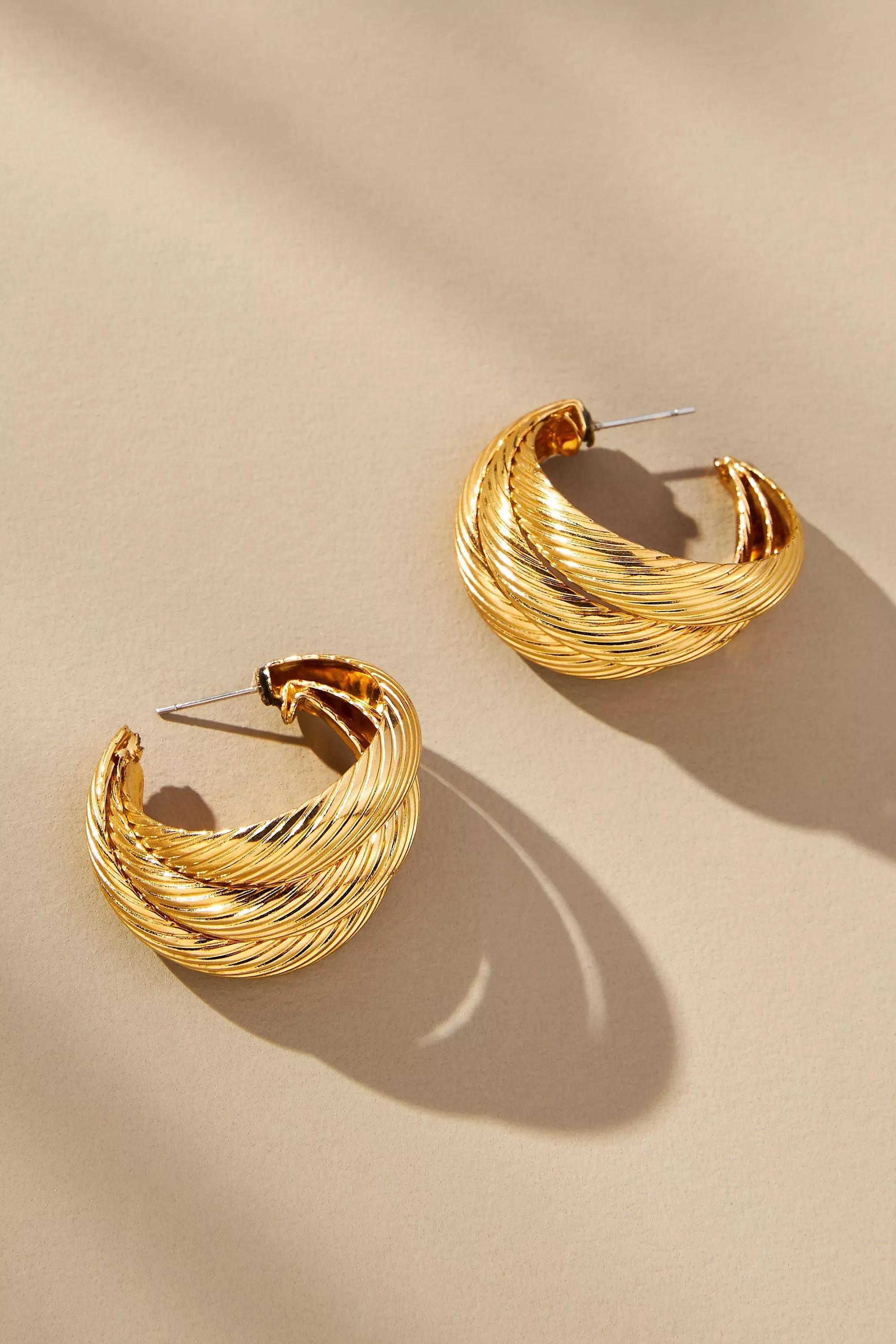 Vintage Ribbed Post Earrings, Gold, A501_0070, large image number 1