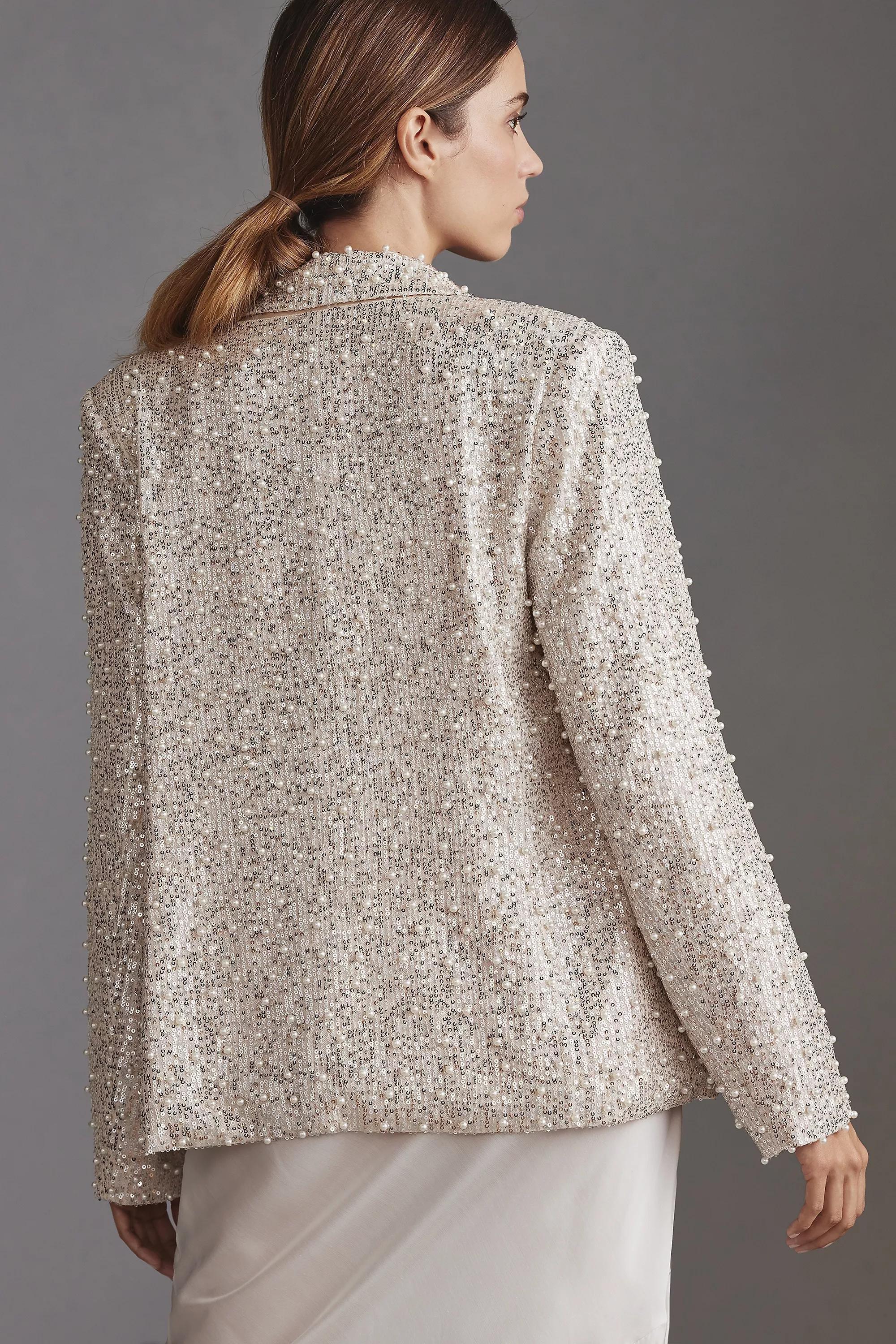 Pearl Sequin Double-Breasted Blazer, Silver, , large image number 1