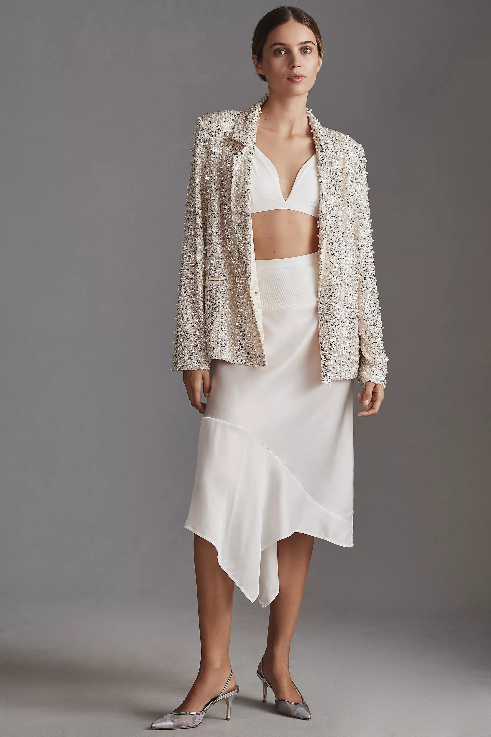 Pearl Sequin Double-Breasted Blazer, Silver, , large image number 3