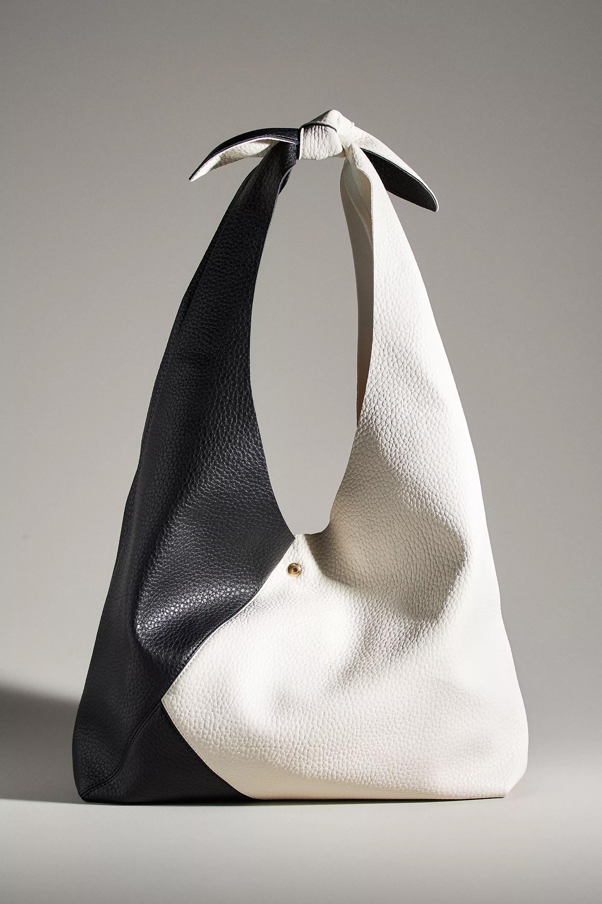 Faux Leather Two-Tone Knotted Shoulder Bag, Black And White, A501_0018, large image number 1