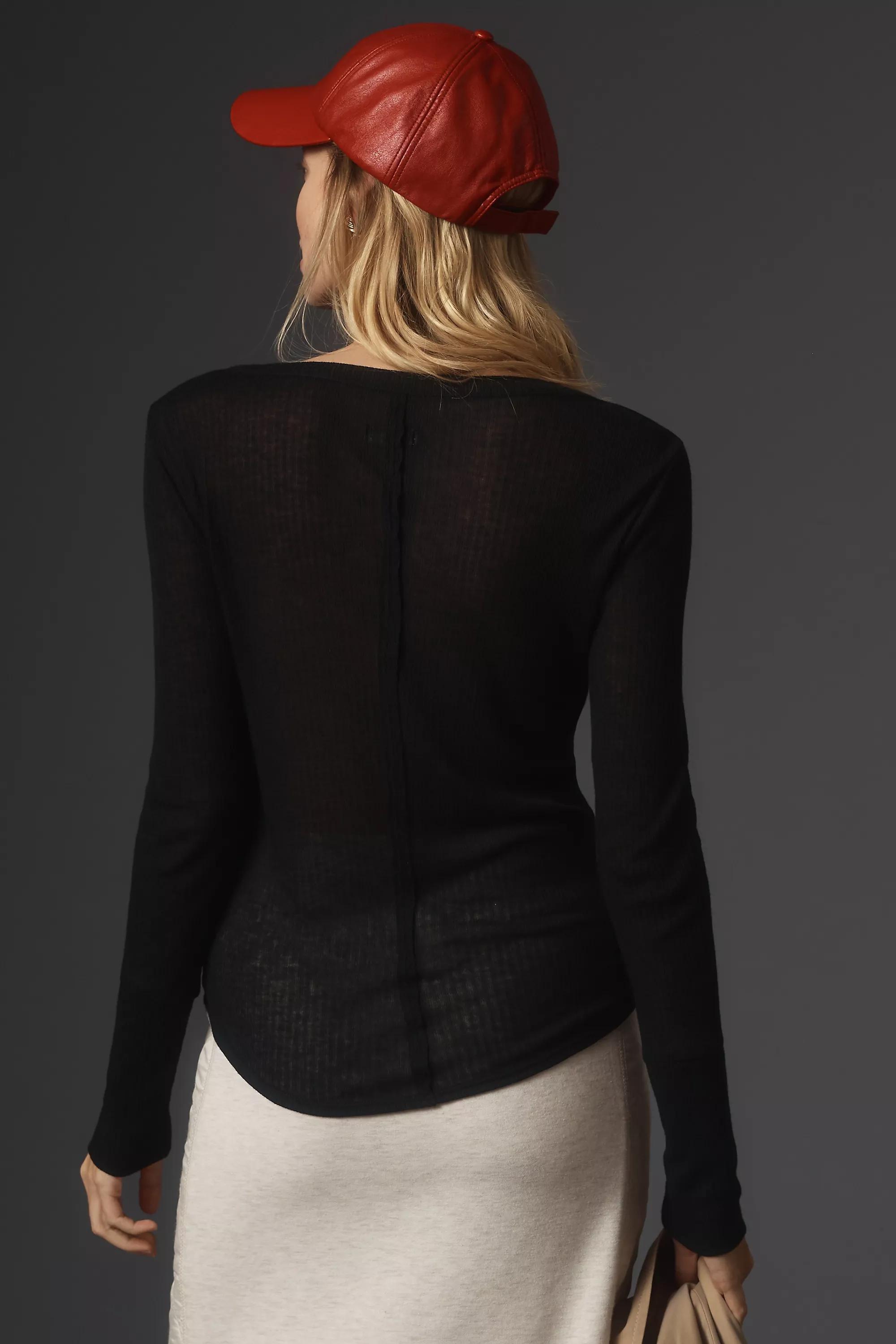 By Pilcro Andie Ribbed Tissue Henley Top, Black, Black, medium