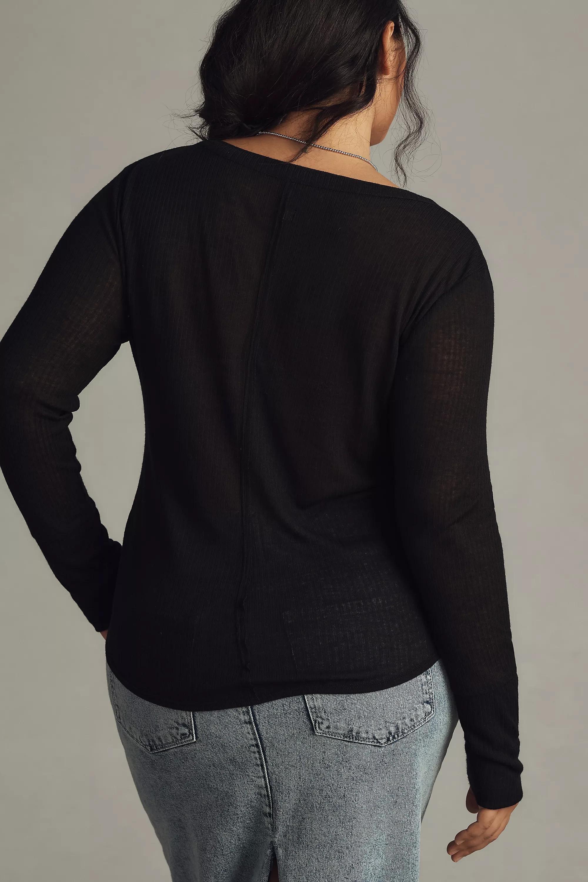 By Pilcro Andie Ribbed Tissue Henley Top, Black, , large image number 4