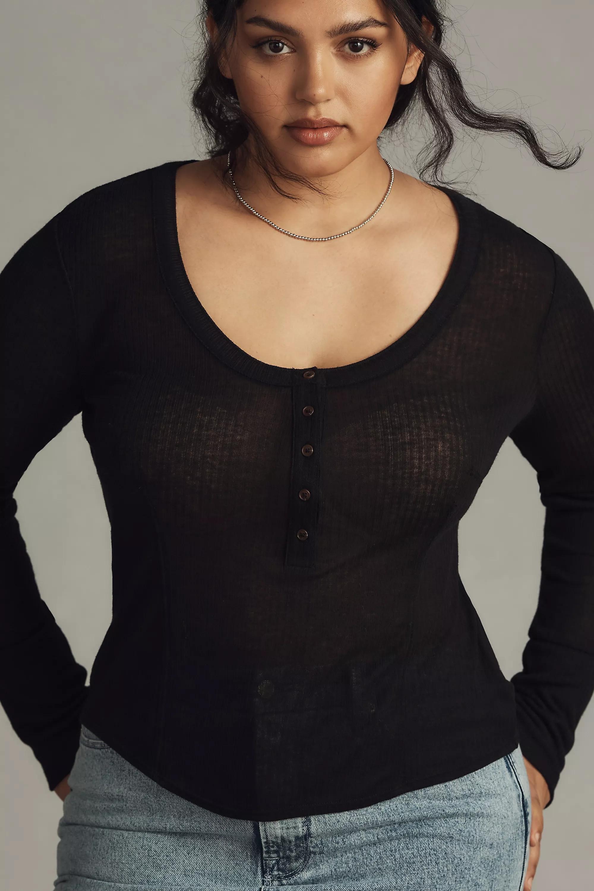 By Pilcro Andie Ribbed Tissue Henley Top, Black, Black, large image number 5