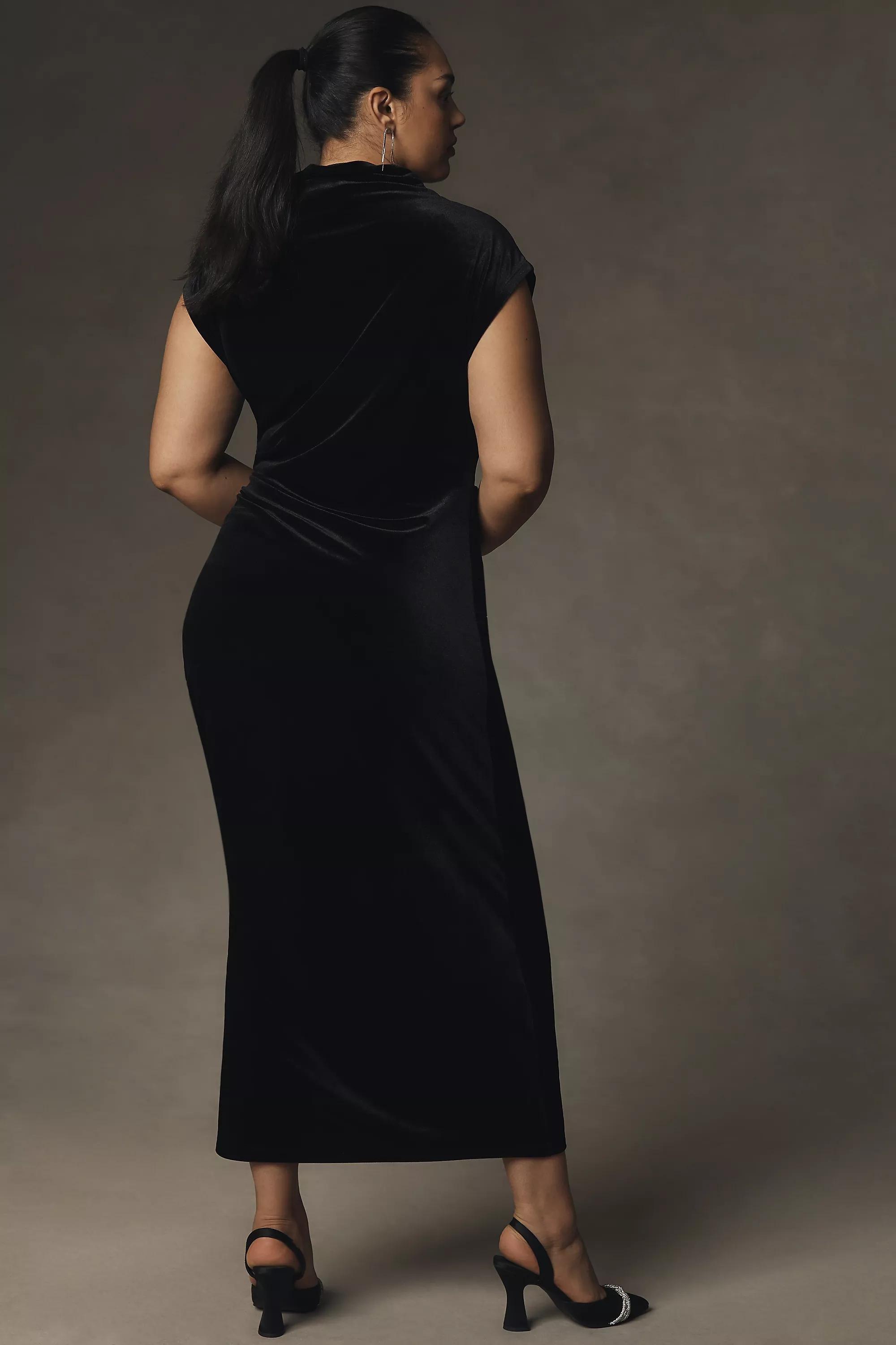 Ruched Cowl-Neck Midi Dress: Velvet Edition, Black, , large image number 5