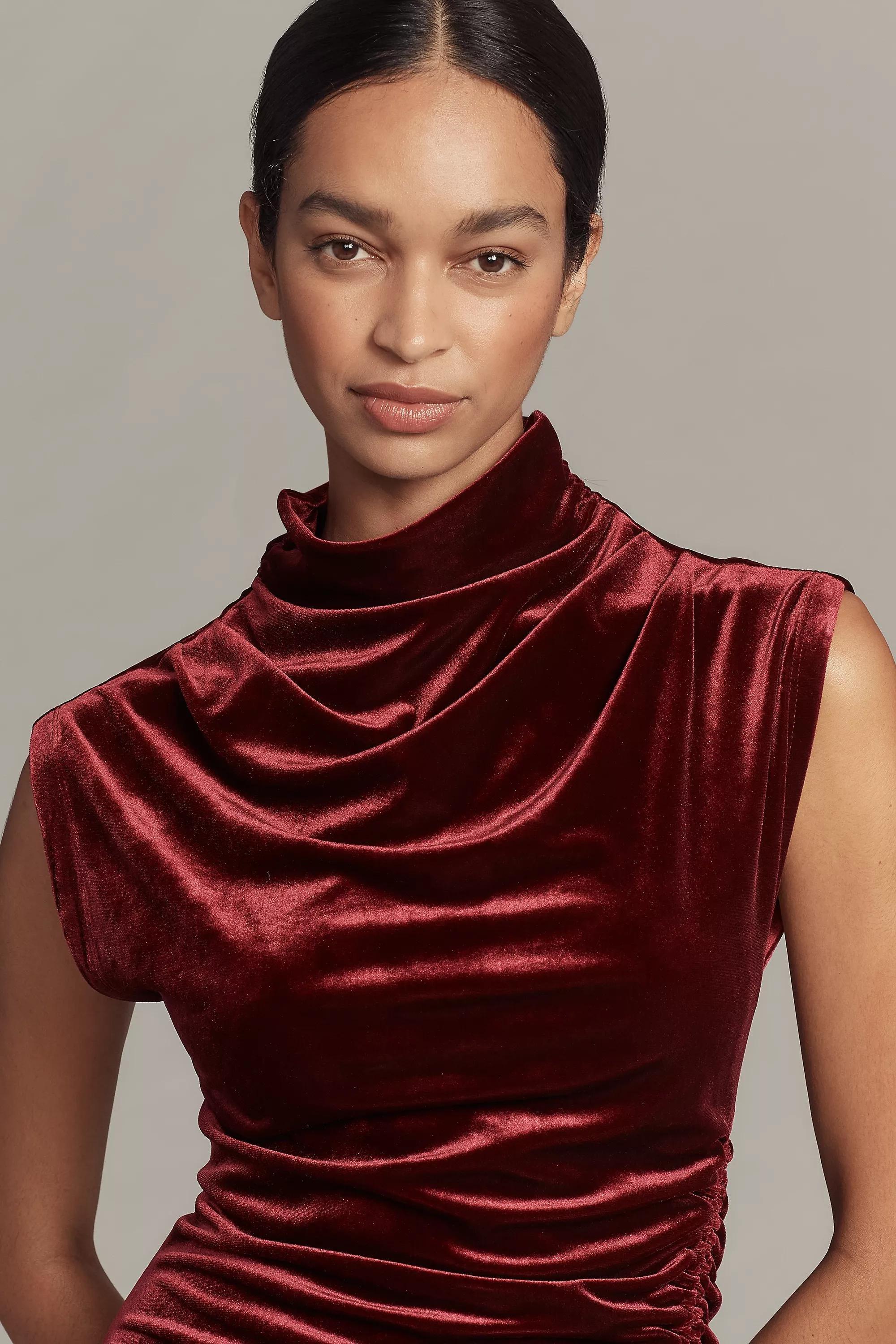 The Maya Stretch Velvet Cowl-Neck Dress, Burgundy, A501_0052, medium