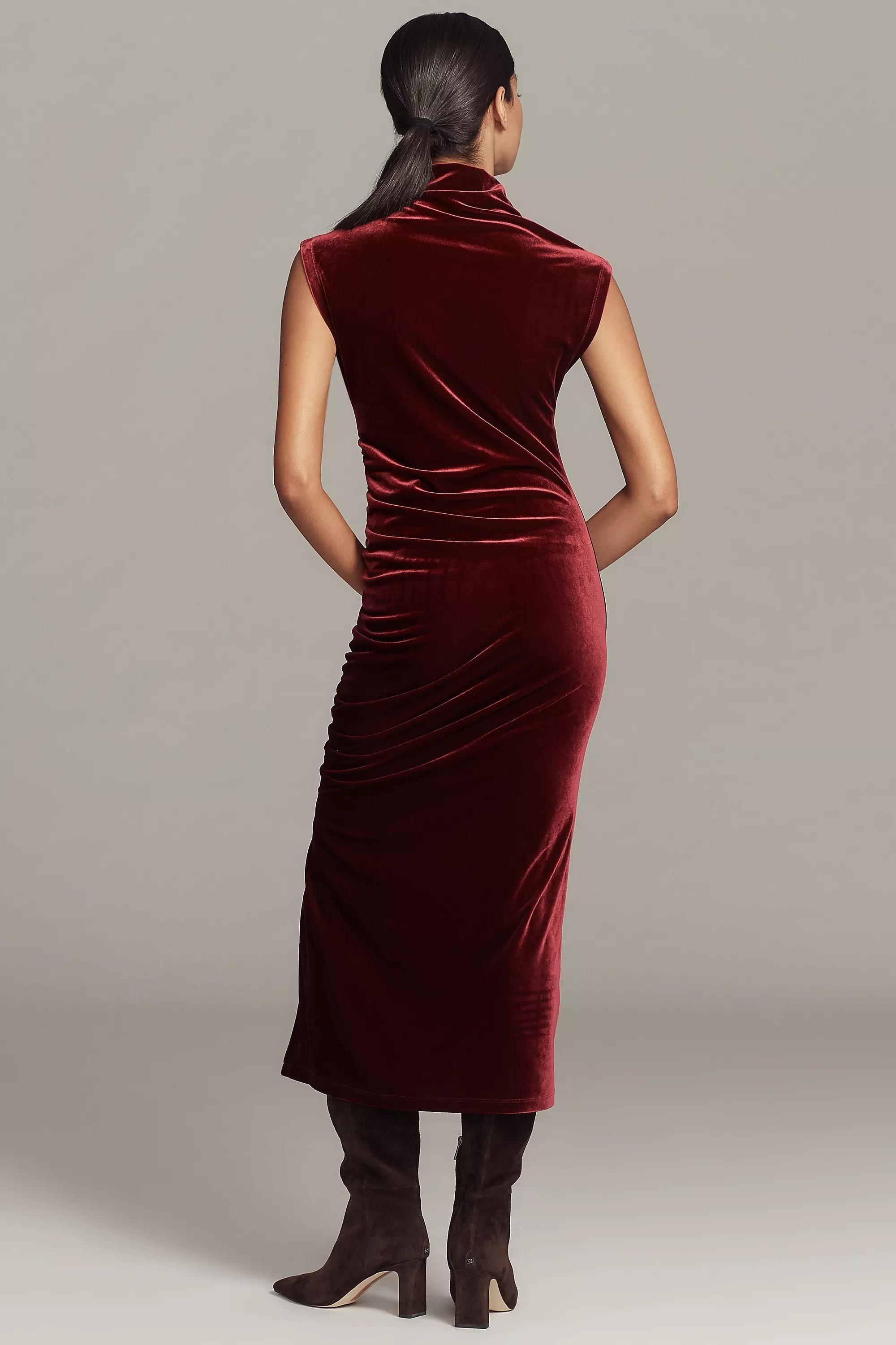 The Maya Stretch Velvet Cowl-Neck Dress, Burgundy, A501_0052, medium