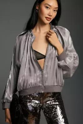 Icy Shine Satin Bomber Jacket, Silver, , large image number 0