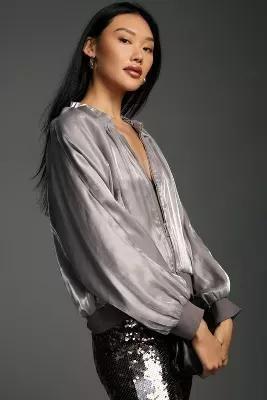 Icy Shine Satin Bomber Jacket, Silver, , large image number 8