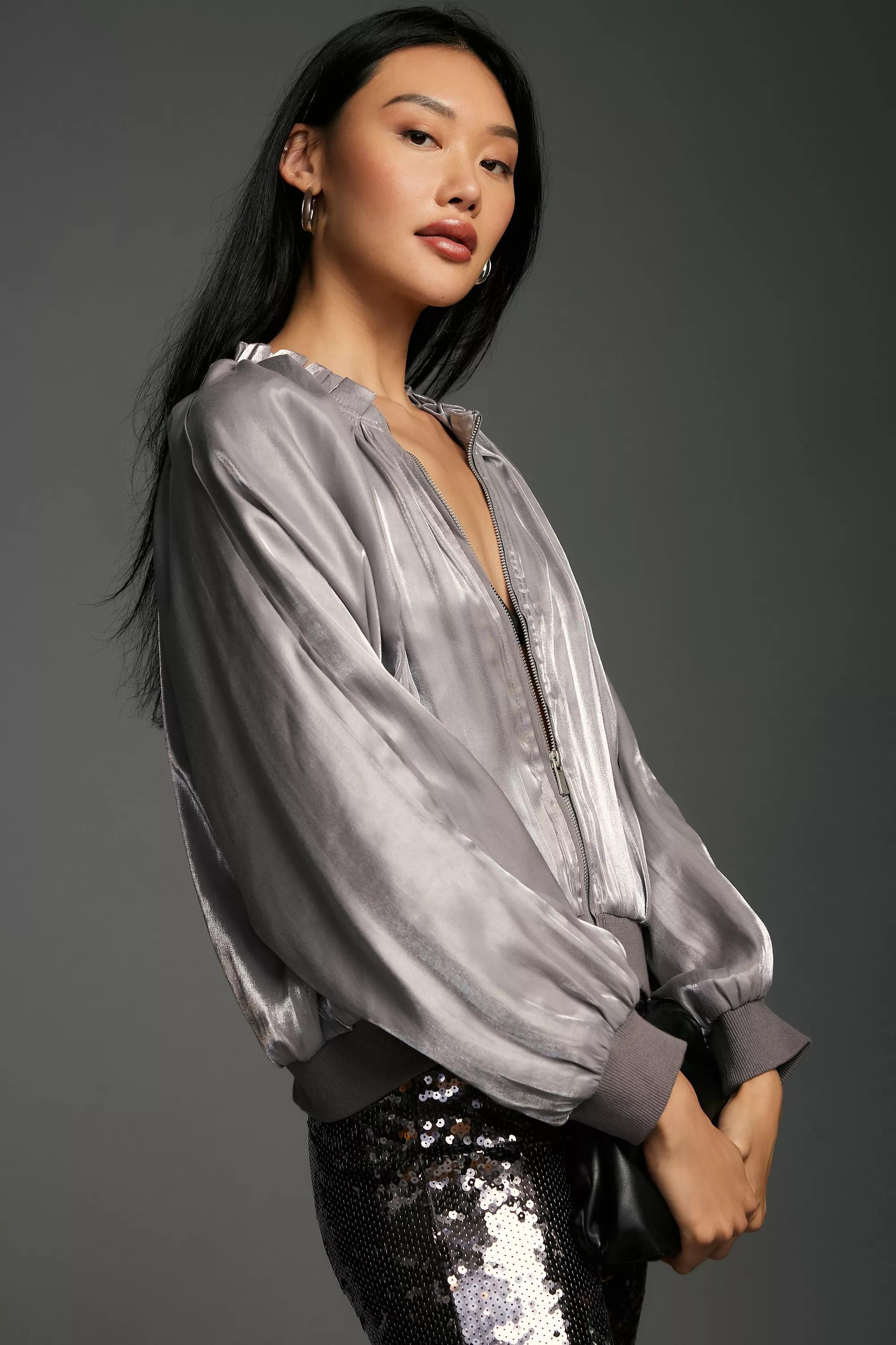 Icy Shine Satin Bomber Jacket, Silver, , large image number 9