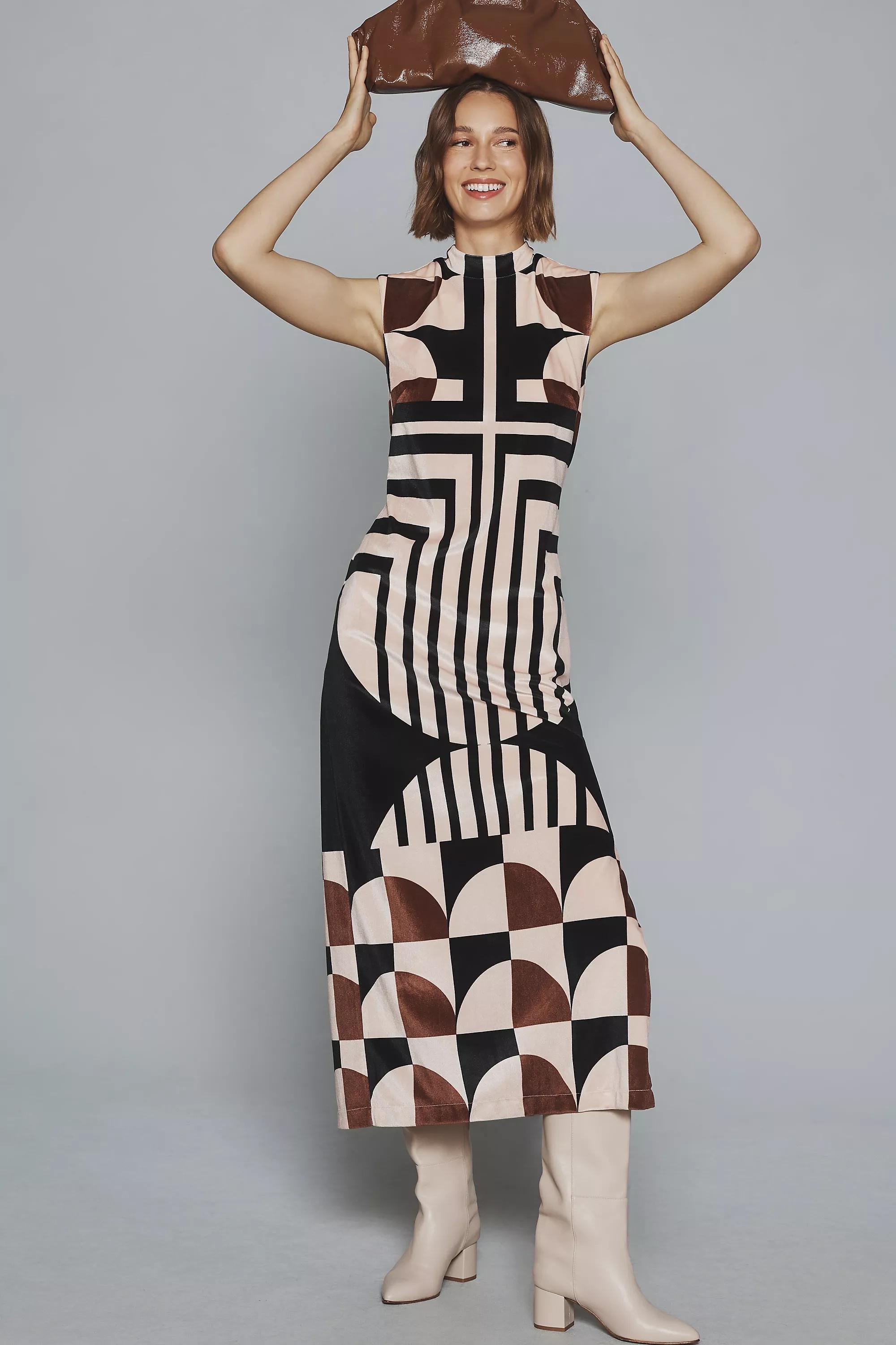 By Anthropologie Mock-Neck Geometric Midi Dress, Black, , large image number 0