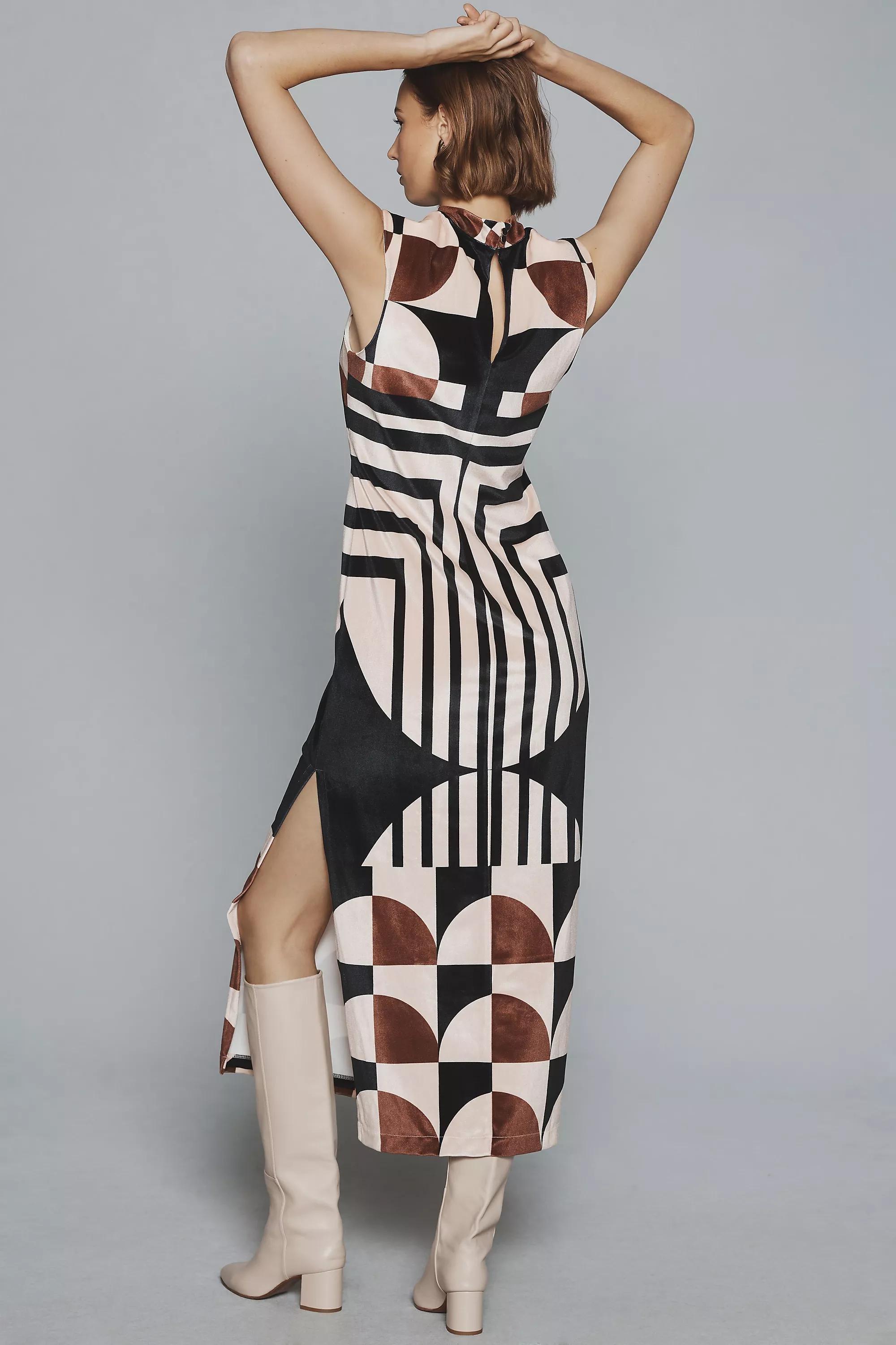 By Anthropologie Mock-Neck Geometric Midi Dress, Black, , large image number 3