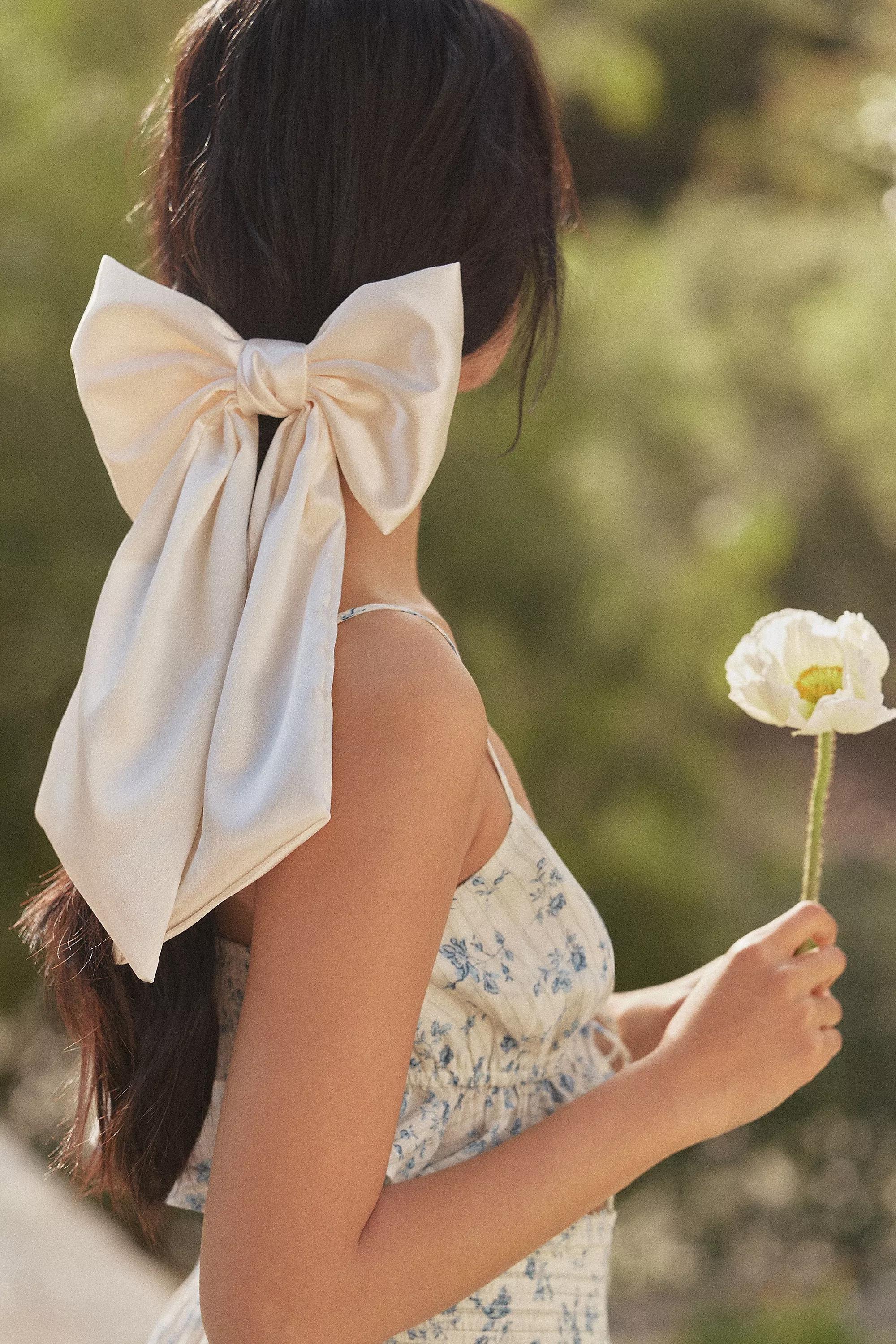 Satin Bow Barrette Hair Clip, Cream, A501_0012, large image number 0