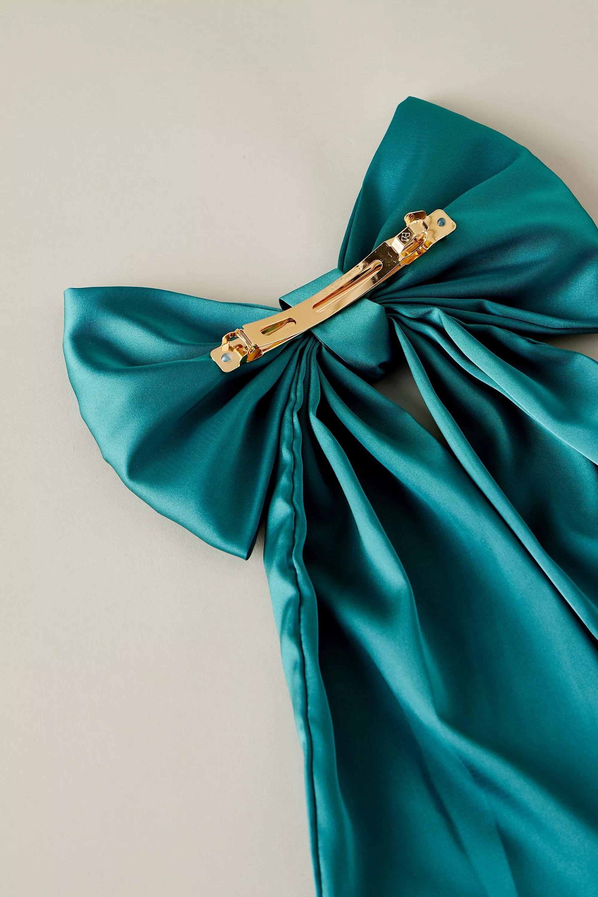 Satin Bow Barrette Hair Clip, Green, A501_0042, large image number 2