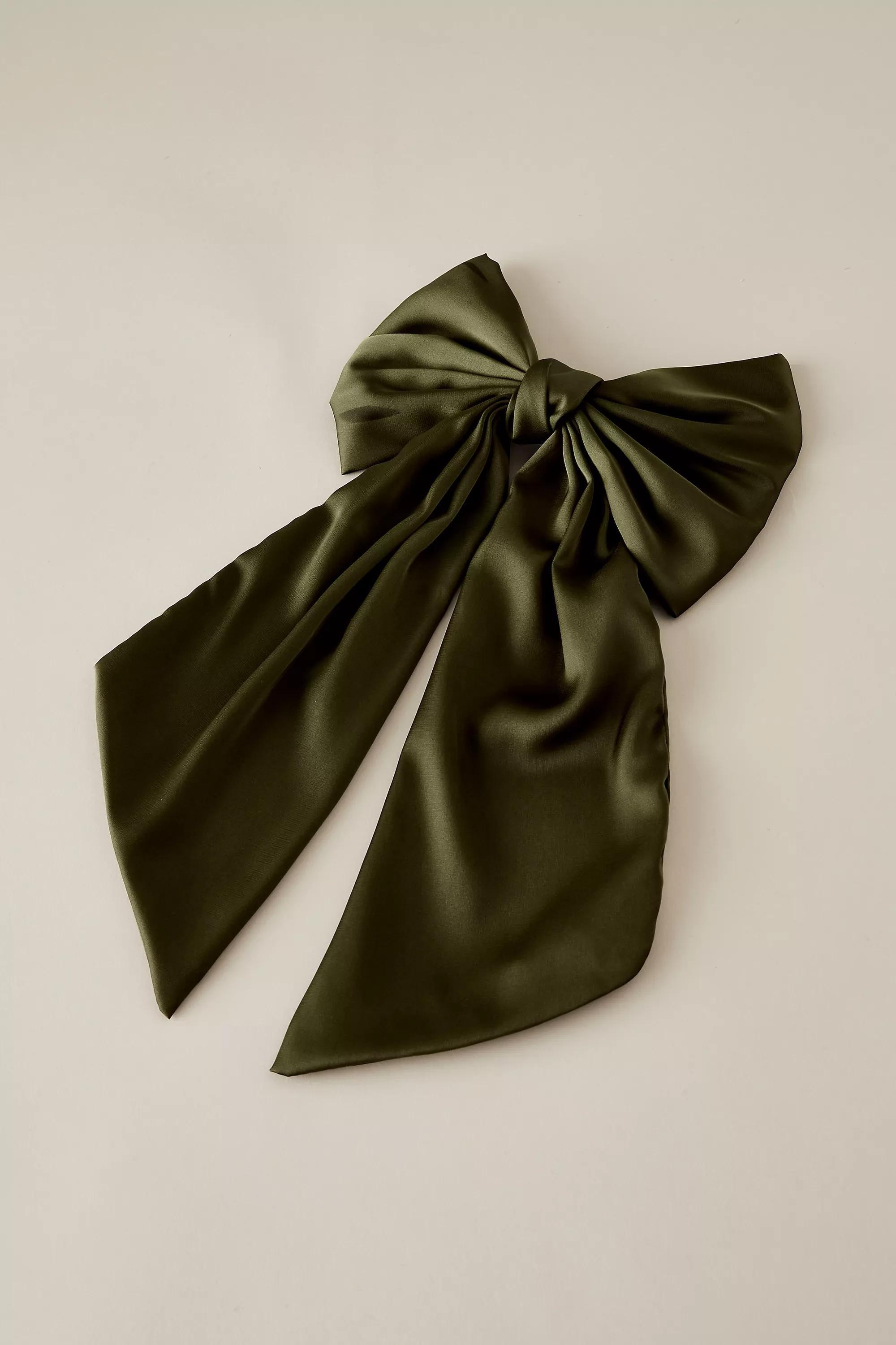 Satin Bow Barrette Hair Clip, Khaki, A501_0230, large image number 0