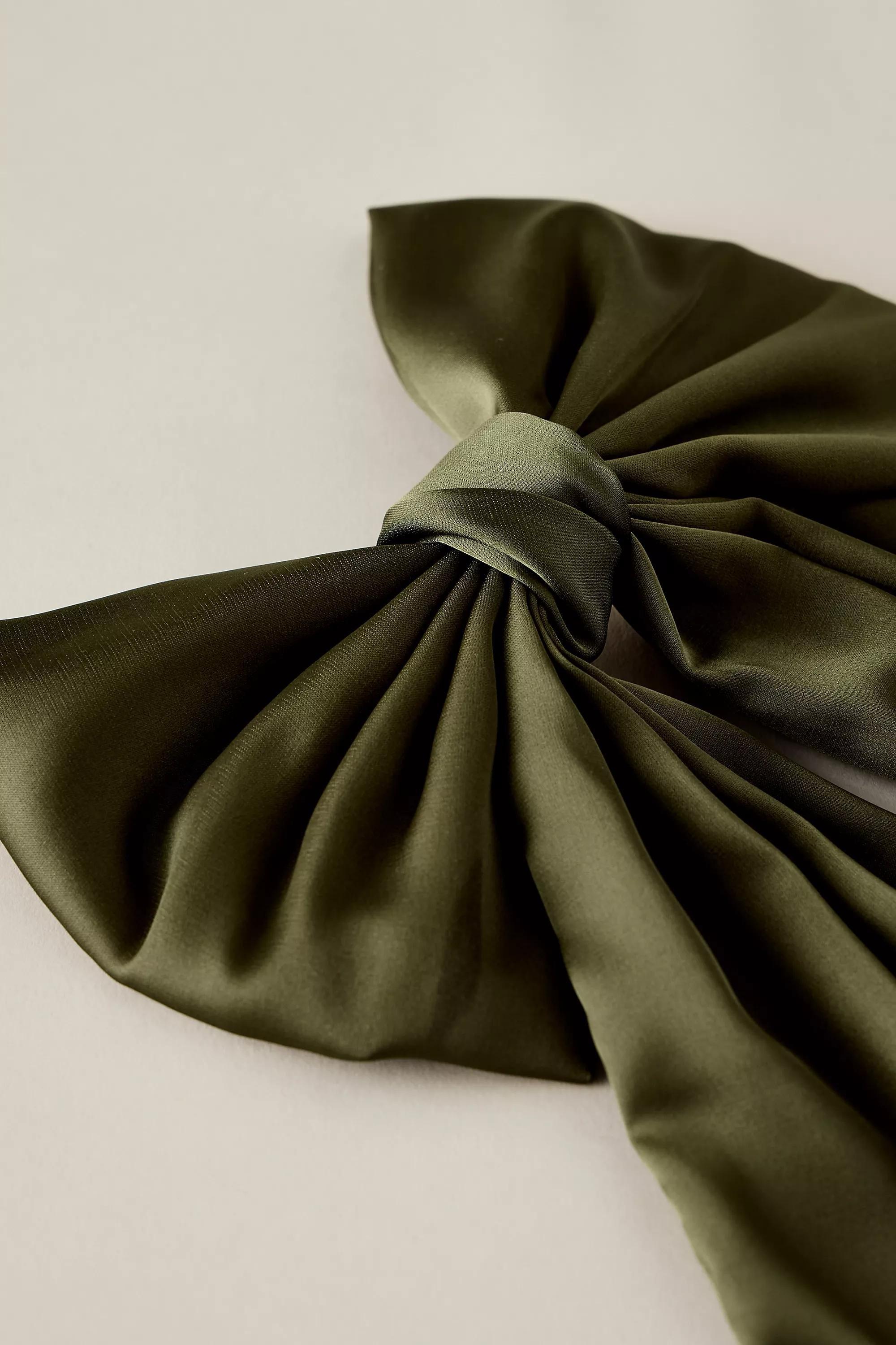 Satin Bow Barrette Hair Clip, Khaki, A501_0230, large image number 1