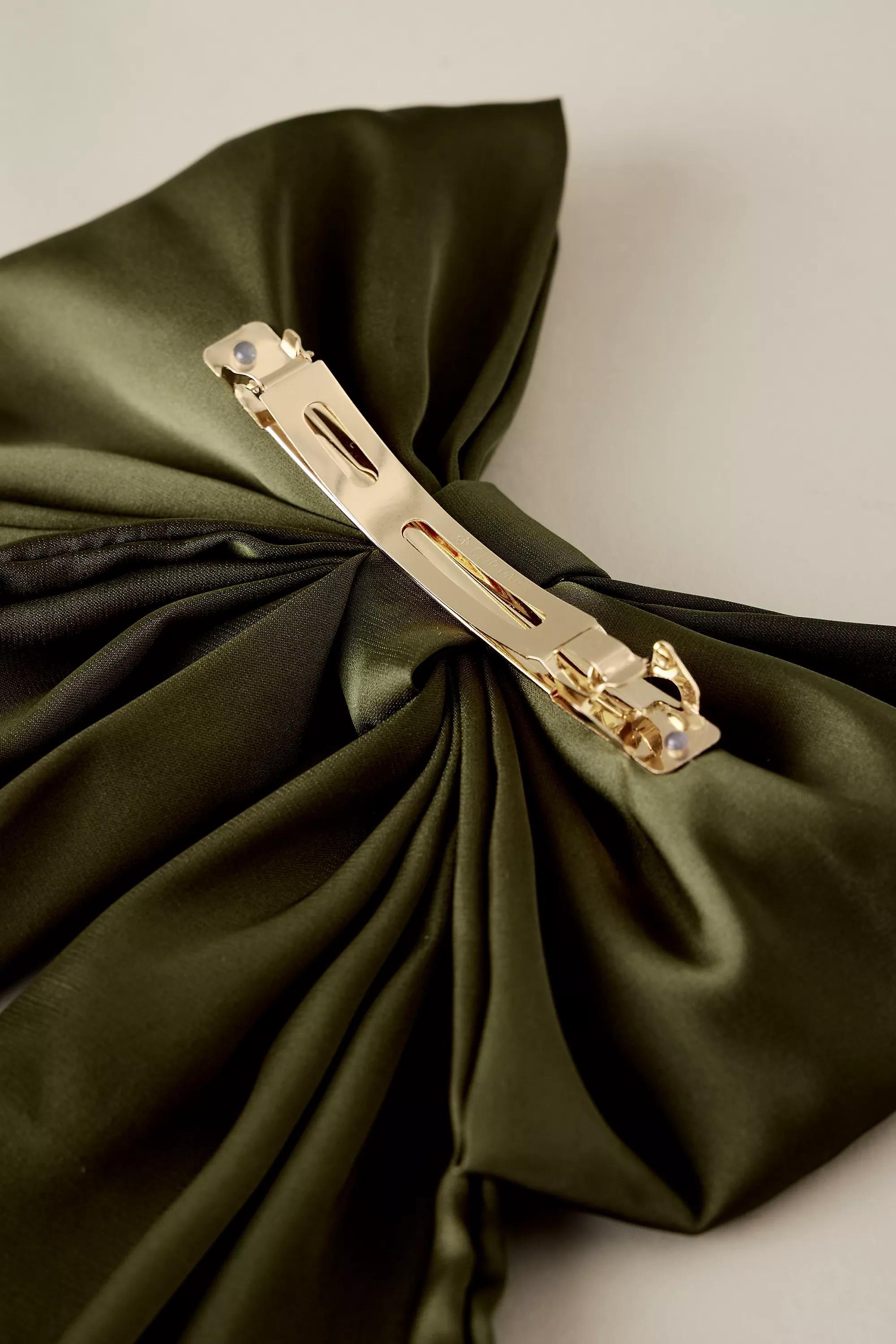 Satin Bow Barrette Hair Clip, Khaki, A501_0230, large image number 2
