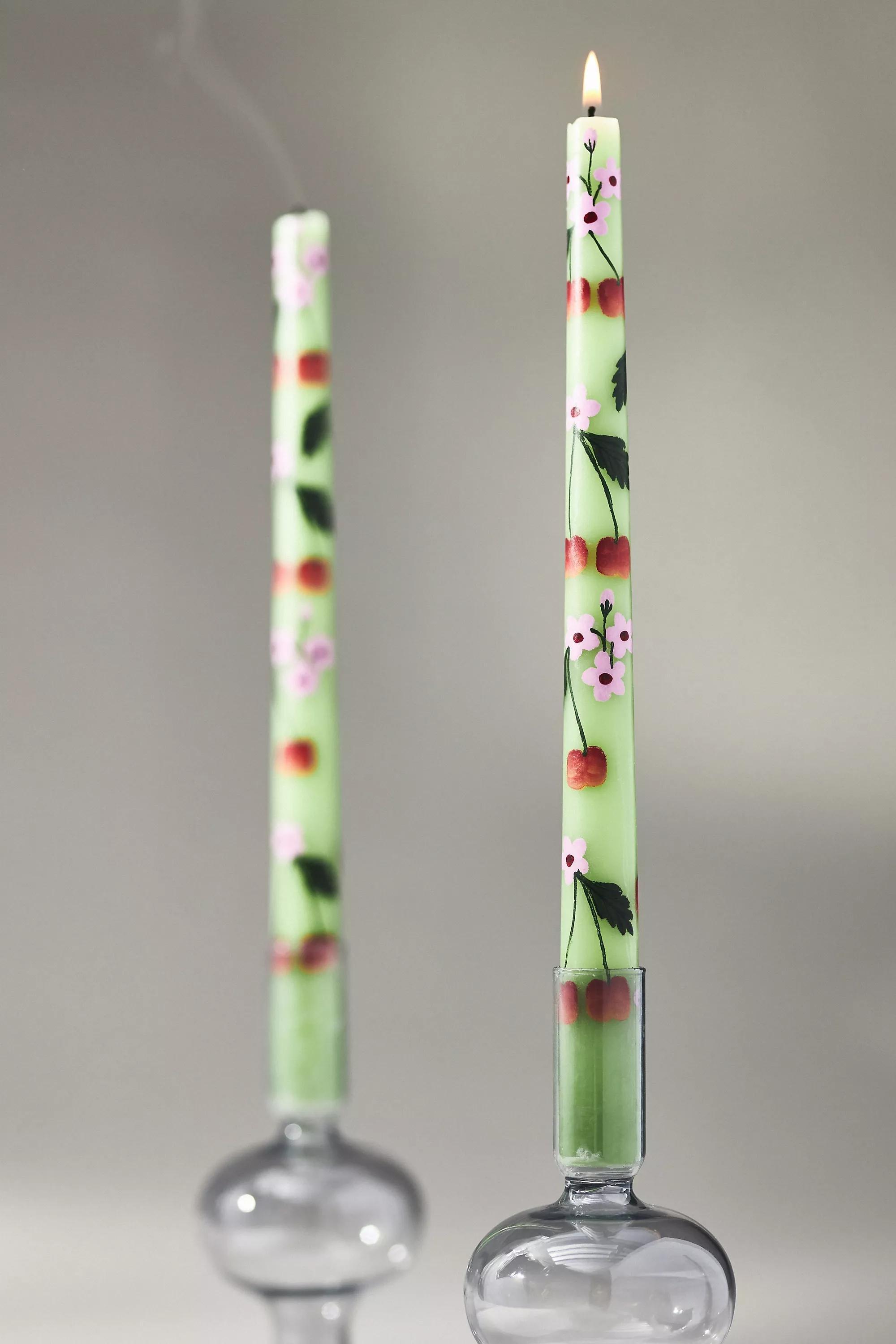 Green Faye Hand-Painted Taper Candles, Set Of 2, A501_0237, large image number 0
